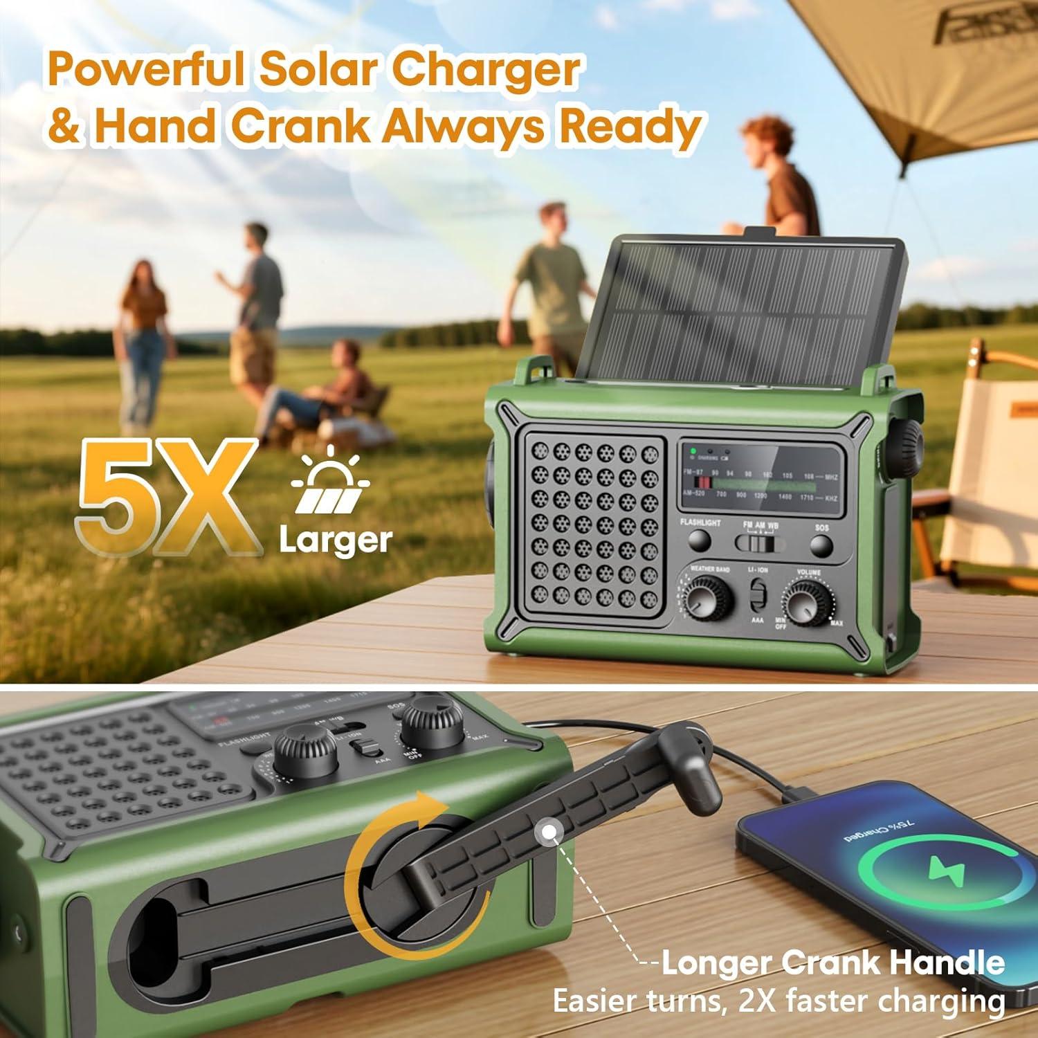 image:imageRaynic 12000mAh Emergency Weather Radio AMFMNOAA Solar Hand Crank Radio with 2X Panel USB amp USBC Charging LED Flashlight Reading Light amp SOS for Power Outages Hurricane Storms CampingOliveGreen