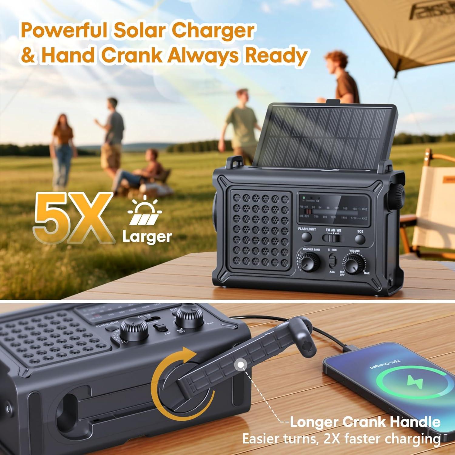 image:imageRaynic 12000mAh Emergency Weather Radio AMFMNOAA Solar Hand Crank Radio with 2X Panel USB amp USBC Charging LED Flashlight Reading Light amp SOS for Power Outages Hurricane Storms CampingBlack