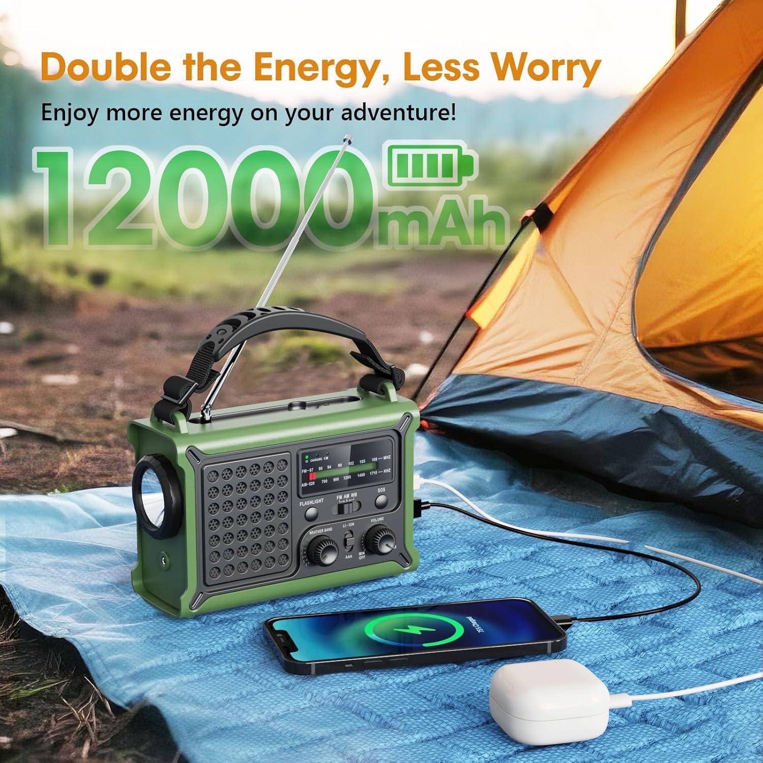 image:imageRaynic 12000mAh Emergency Weather Radio AMFMNOAA Solar Hand Crank Radio with 2X Panel USB amp USBC Charging LED Flashlight Reading Light amp SOS for Power Outages Hurricane Storms CampingOliveGreen