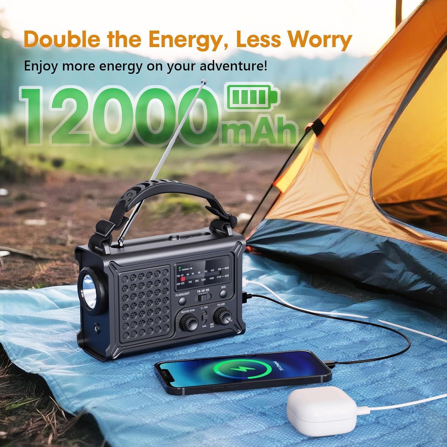 image:imageRaynic 12000mAh Emergency Weather Radio AMFMNOAA Solar Hand Crank Radio with 2X Panel USB amp USBC Charging LED Flashlight Reading Light amp SOS for Power Outages Hurricane Storms CampingBlack