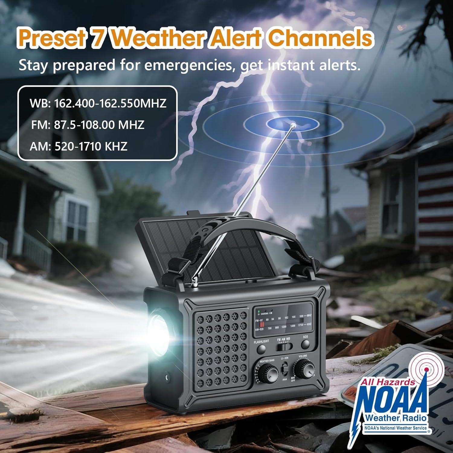 image:imageRaynic 12000mAh Emergency Weather Radio AMFMNOAA Solar Hand Crank Radio with 2X Panel USB amp USBC Charging LED Flashlight Reading Light amp SOS for Power Outages Hurricane Storms CampingBlack