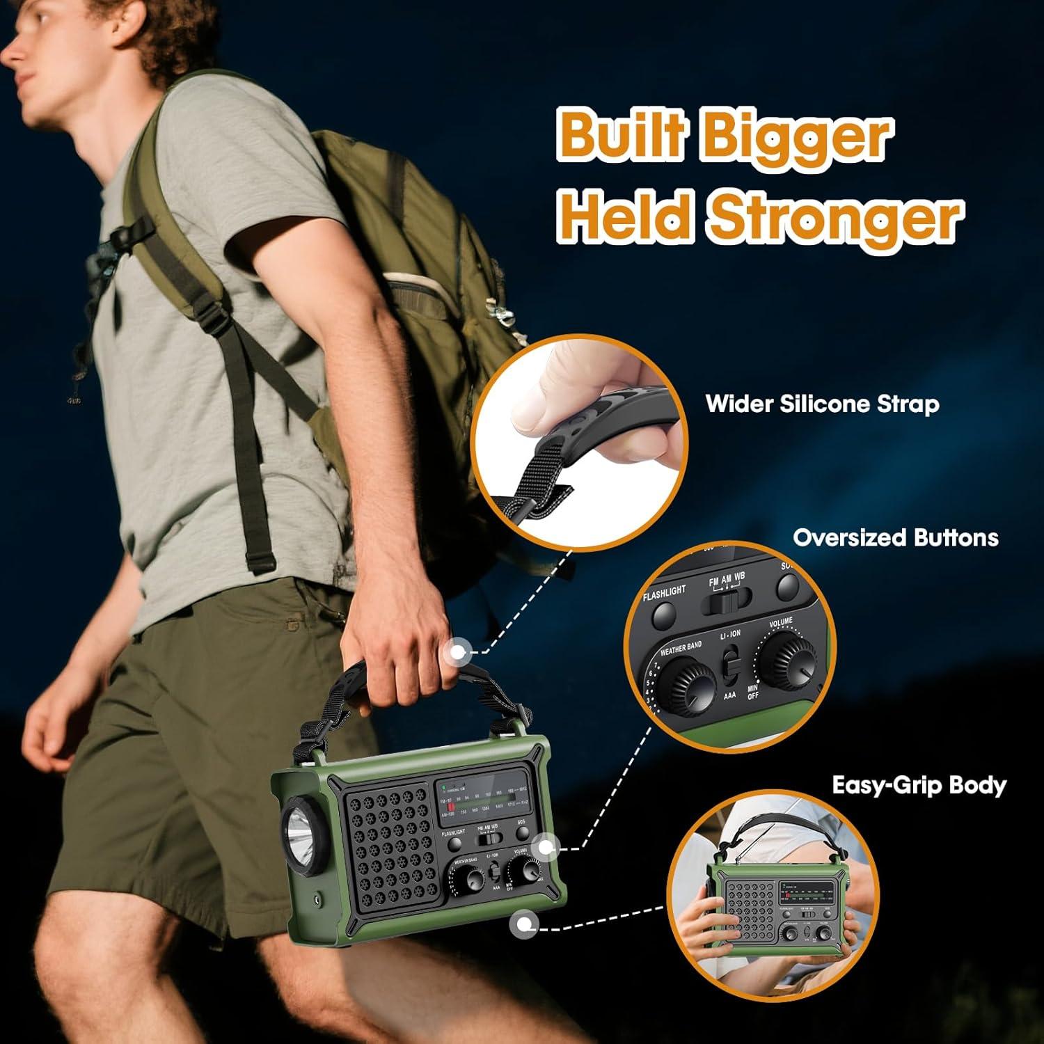 image:imageRaynic 12000mAh Emergency Weather Radio AMFMNOAA Solar Hand Crank Radio with 2X Panel USB amp USBC Charging LED Flashlight Reading Light amp SOS for Power Outages Hurricane Storms CampingOliveGreen