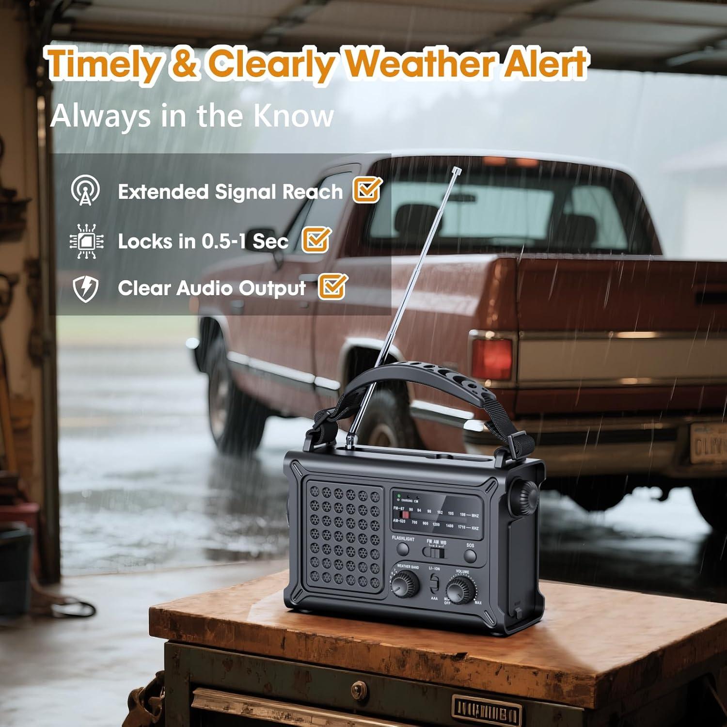 image:imageRaynic 12000mAh Emergency Weather Radio AMFMNOAA Solar Hand Crank Radio with 2X Panel USB amp USBC Charging LED Flashlight Reading Light amp SOS for Power Outages Hurricane Storms CampingBlack