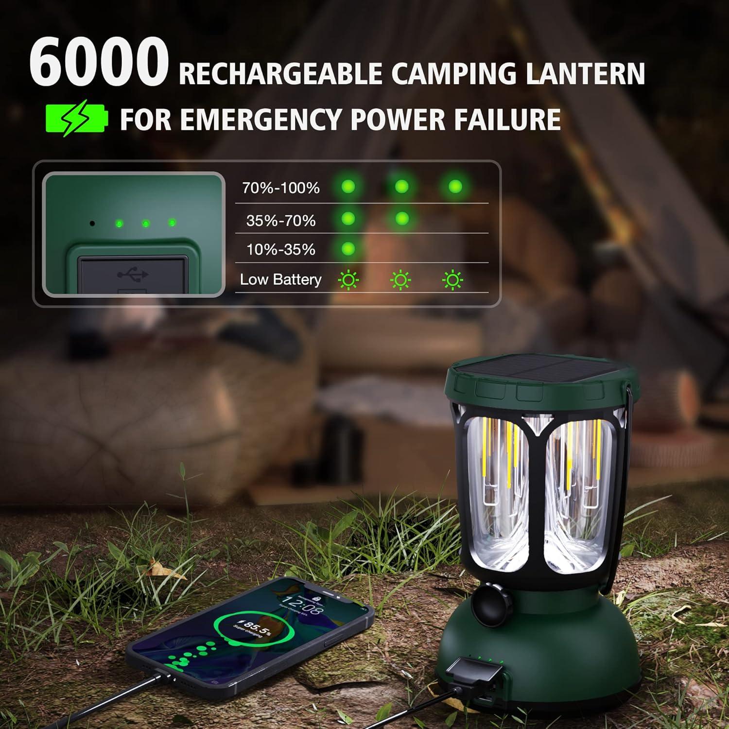 image:imageRaynic 6000 LED Camping Lantern 650LM Hand Crank Solar Battery Powered Rechargeable Lantern Emergency Lights for Home Power Failure Hurricane USB Cable IncludedGREEN