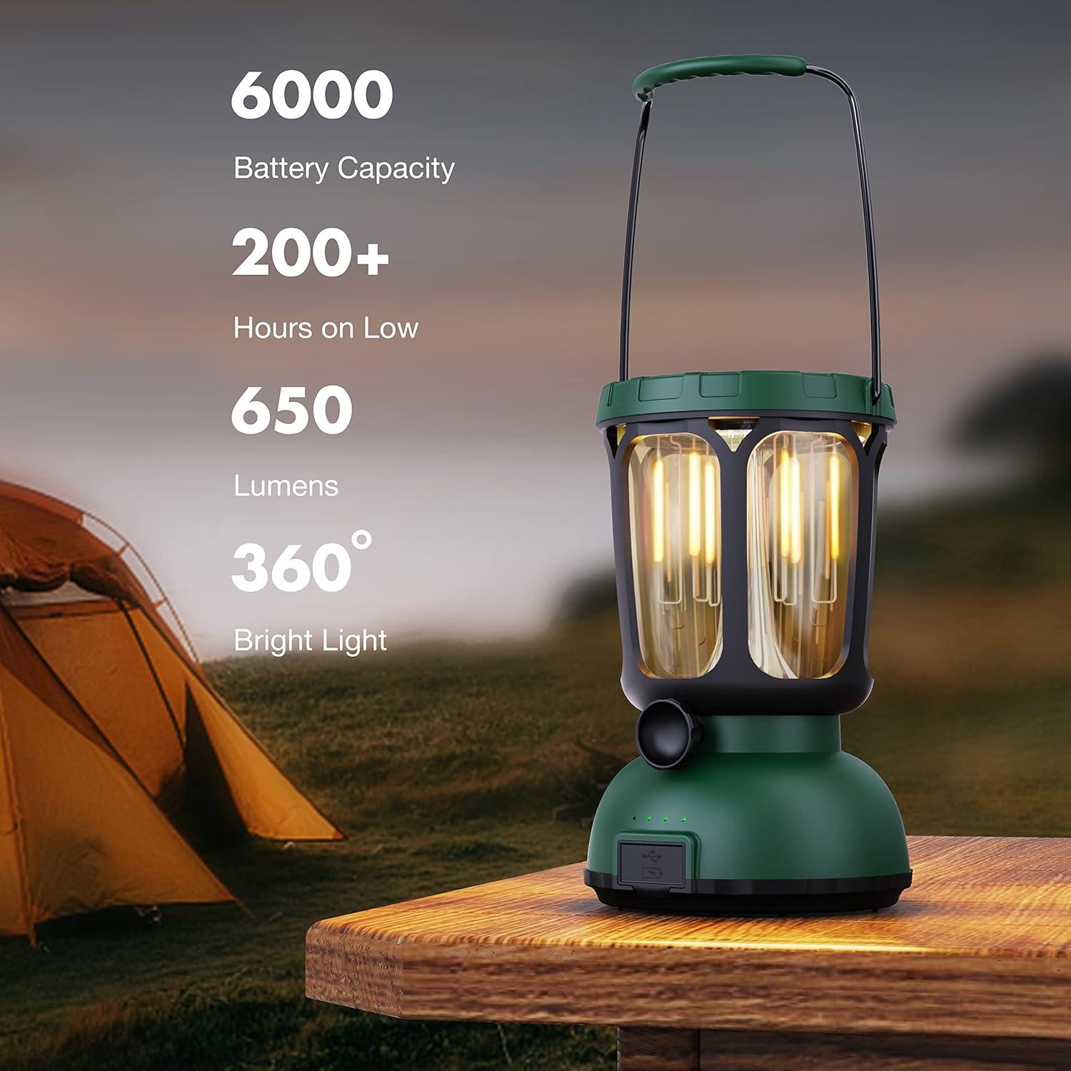 image:imageRaynic 6000 LED Camping Lantern 650LM Hand Crank Solar Battery Powered Rechargeable Lantern Emergency Lights for Home Power Failure Hurricane USB Cable IncludedGREEN