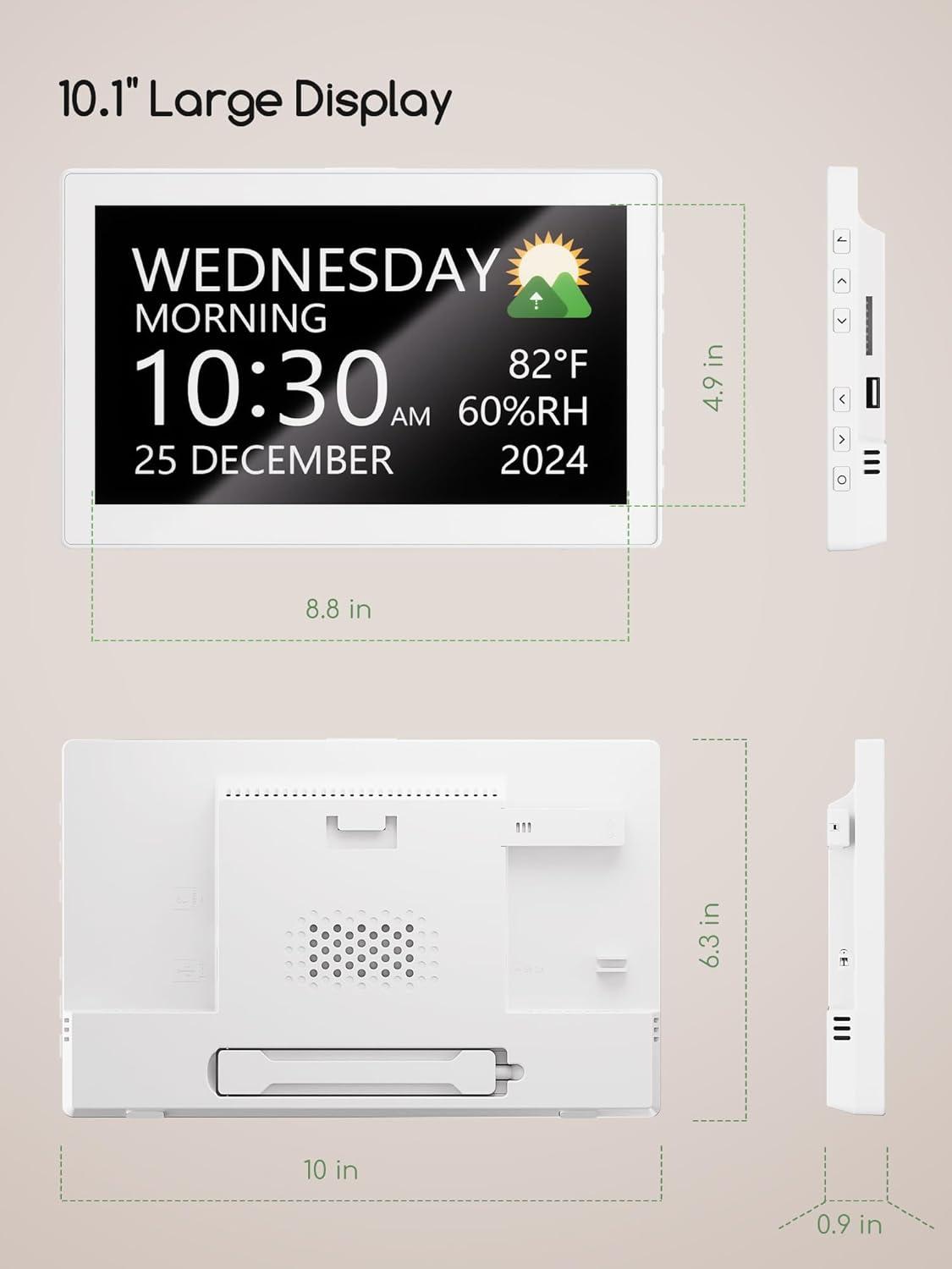 image:imageRaynic Digital Clock 101 Inch Large Display Calendar Clock with 12 Themes 20 Alarms 20 Reminders Auto Dimming 1224 Hours Indoor Temperature Humidity for Seniors Desk BlackWhite