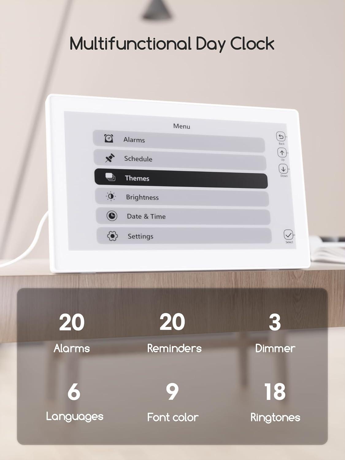image:imageRaynic Digital Clock 101 Inch Large Display Calendar Clock with 12 Themes 20 Alarms 20 Reminders Auto Dimming 1224 Hours Indoor Temperature Humidity for Seniors Desk BlackWhite