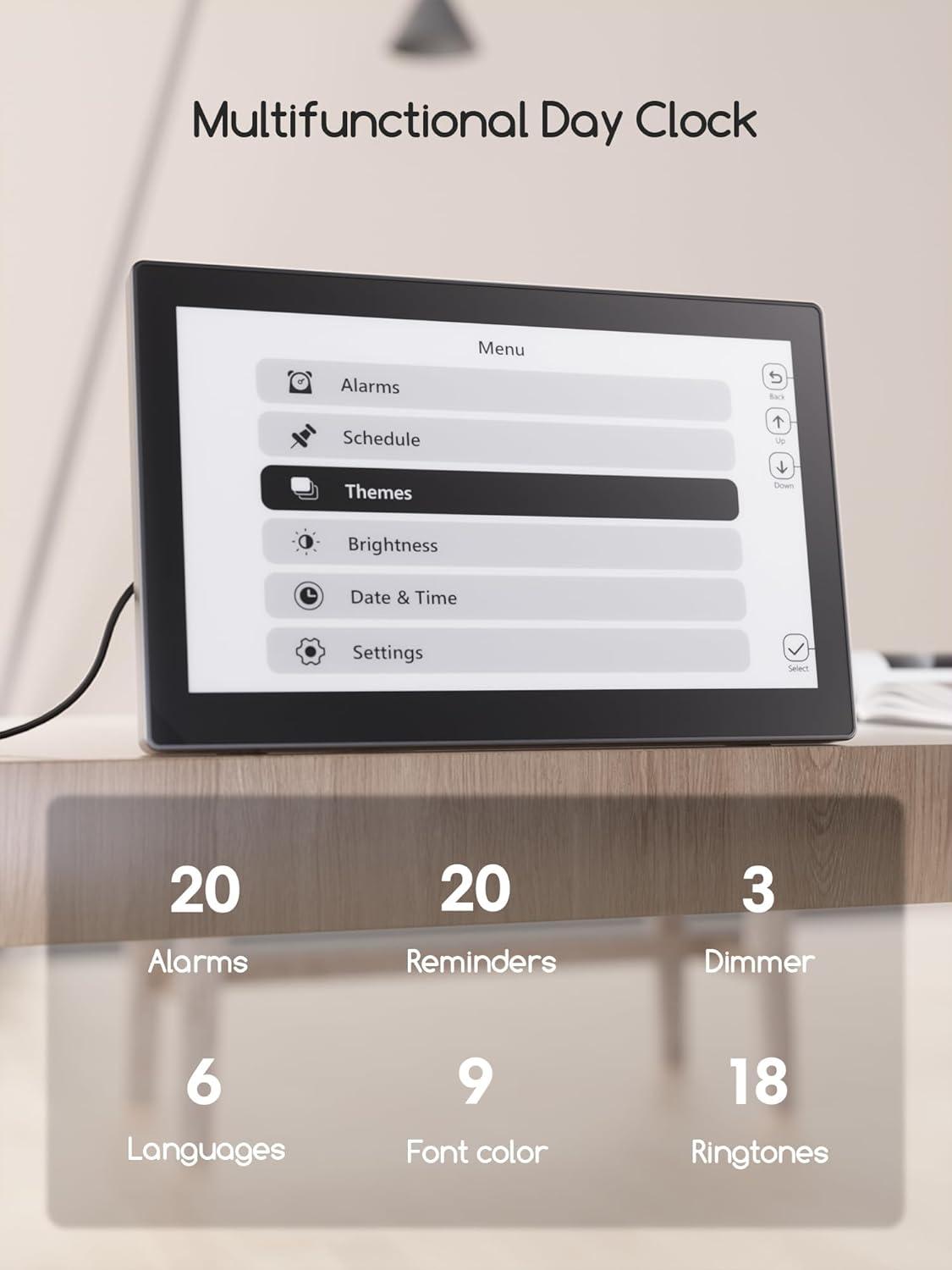 image:imageRaynic Digital Clock 101 Inch Large Display Calendar Clock with 12 Themes 20 Alarms 20 Reminders Auto Dimming 1224 Hours Indoor Temperature Humidity for Seniors Desk BlackBlack