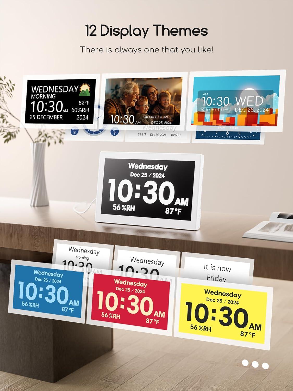 image:imageRaynic Digital Clock 101 Inch Large Display Calendar Clock with 12 Themes 20 Alarms 20 Reminders Auto Dimming 1224 Hours Indoor Temperature Humidity for Seniors Desk BlackWhite