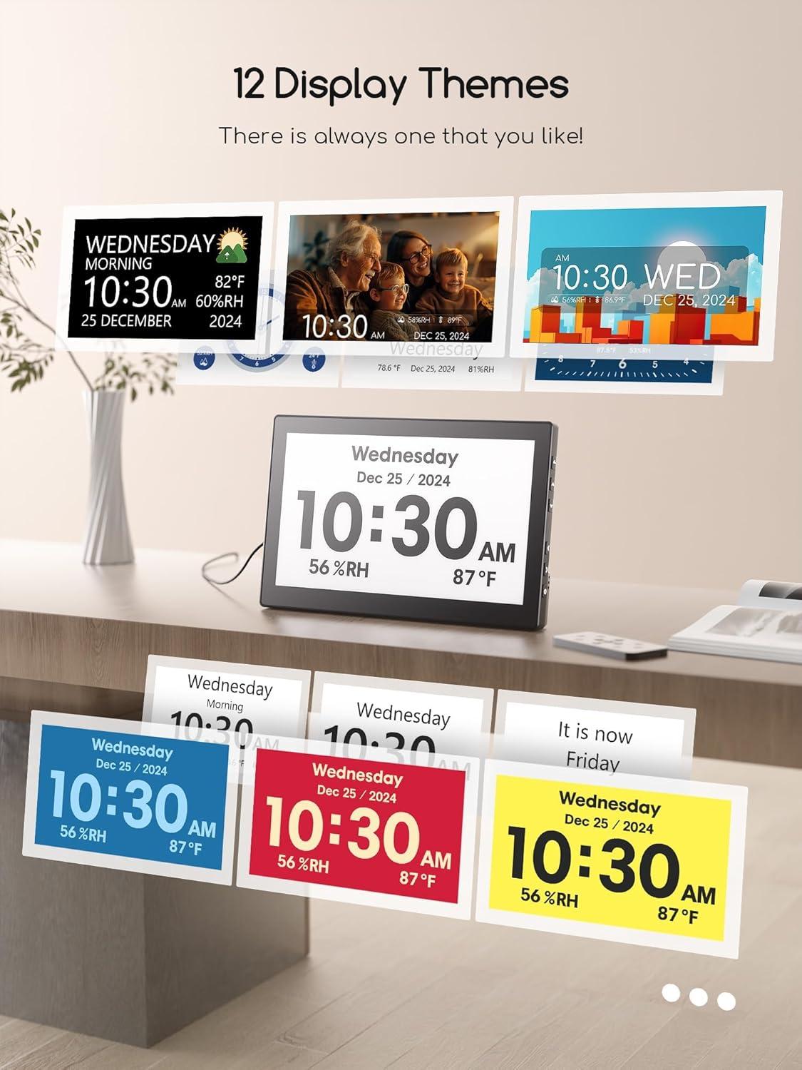 image:imageRaynic Digital Clock 101 Inch Large Display Calendar Clock with 12 Themes 20 Alarms 20 Reminders Auto Dimming 1224 Hours Indoor Temperature Humidity for Seniors Desk BlackBlack