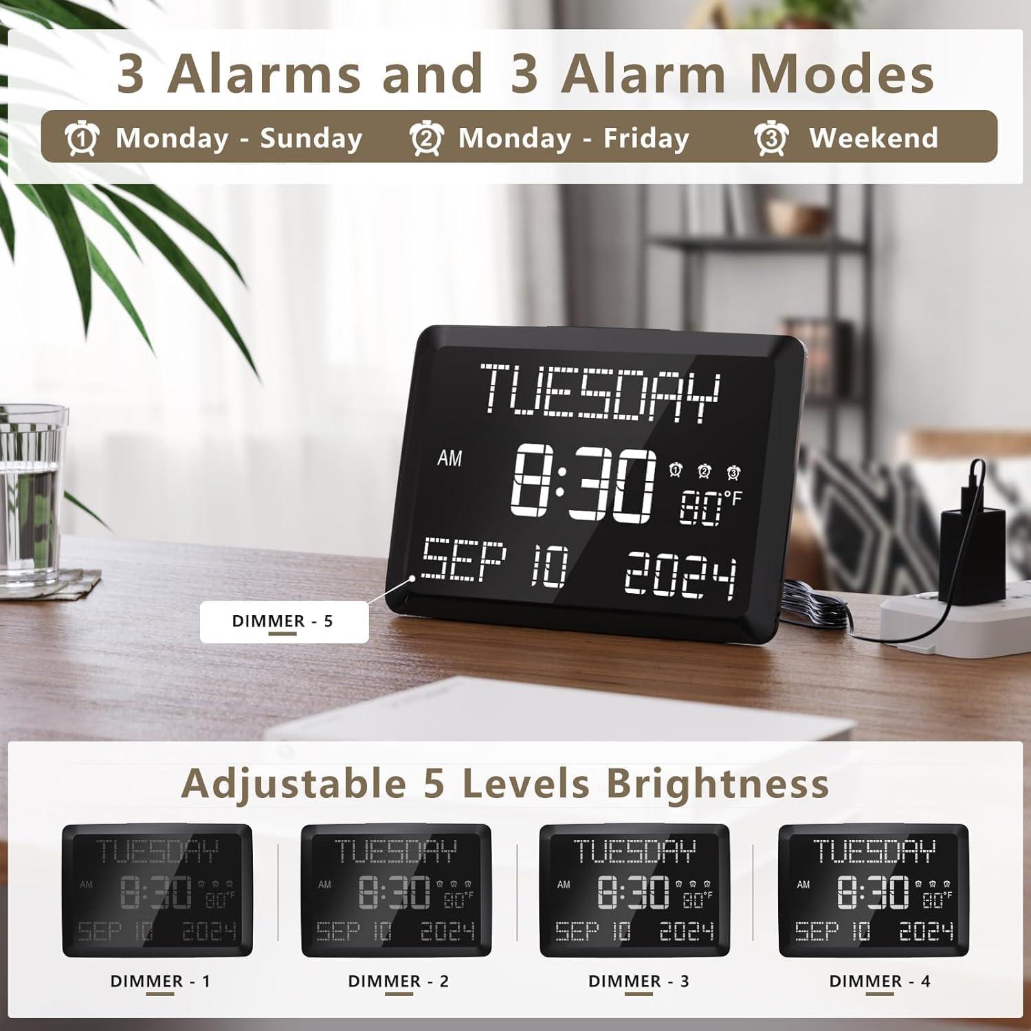 image:imageRaynic Digital Clock 115 Large Display Calendar Clock with Day and Date Indoor Temperature Adjustable Brightness Snooze1224H DST for Home Office ElderlyWhite Font
