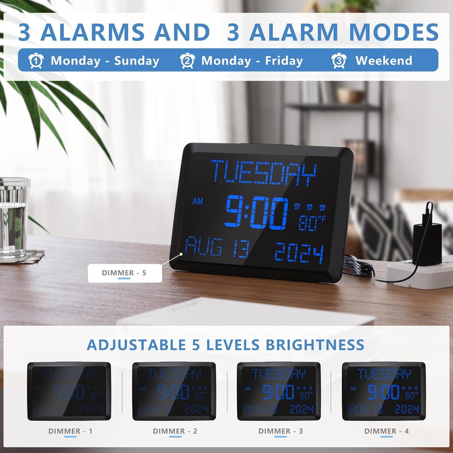 image:imageRaynic Digital Clock 115 Large Display Calendar Clock with Day and Date Indoor Temperature Adjustable Brightness Snooze1224H DST for Home Office ElderlyBlue Font