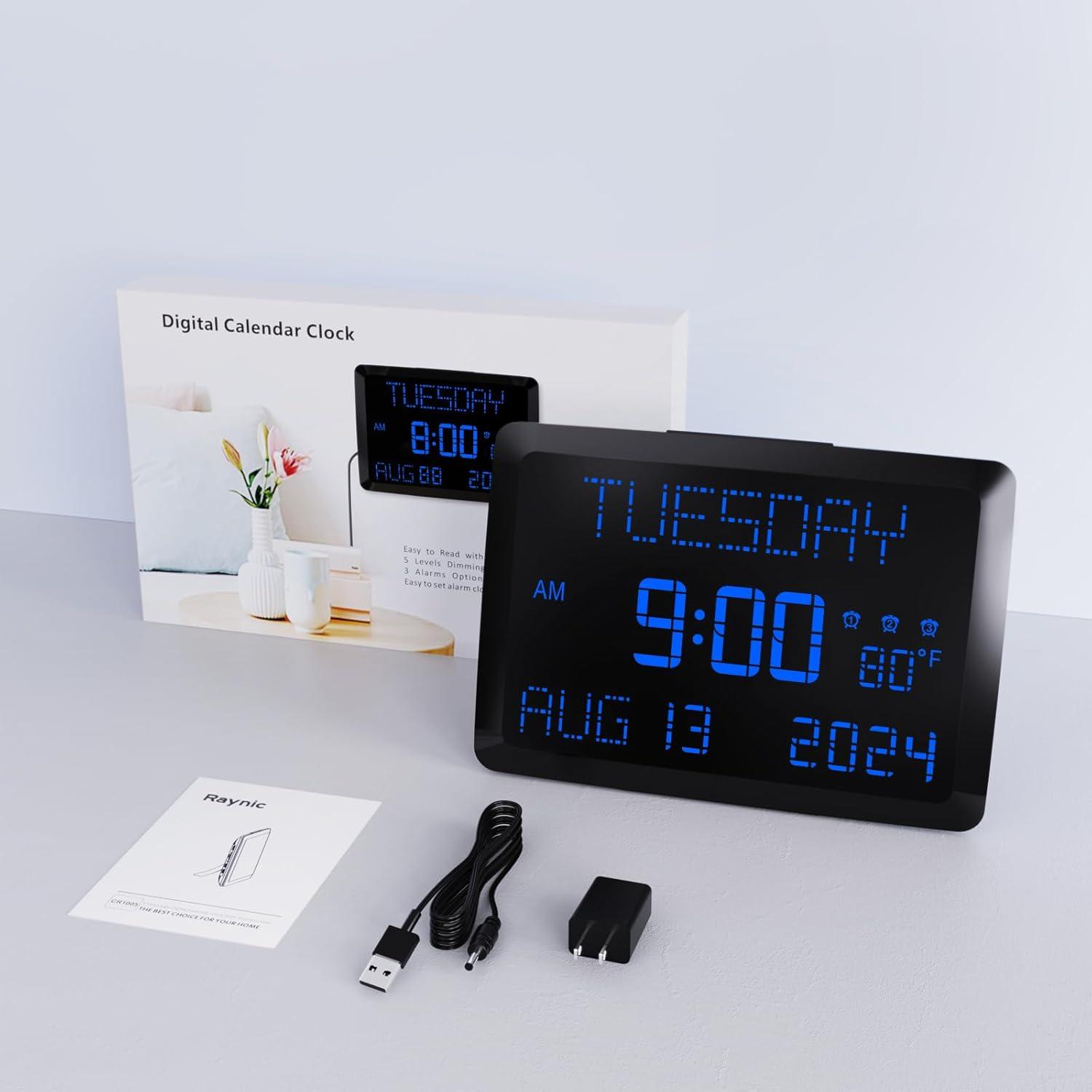 image:imageRaynic Digital Clock 115 Large Display Calendar Clock with Day and Date Indoor Temperature Adjustable Brightness Snooze1224H DST for Home Office ElderlyBlue Font