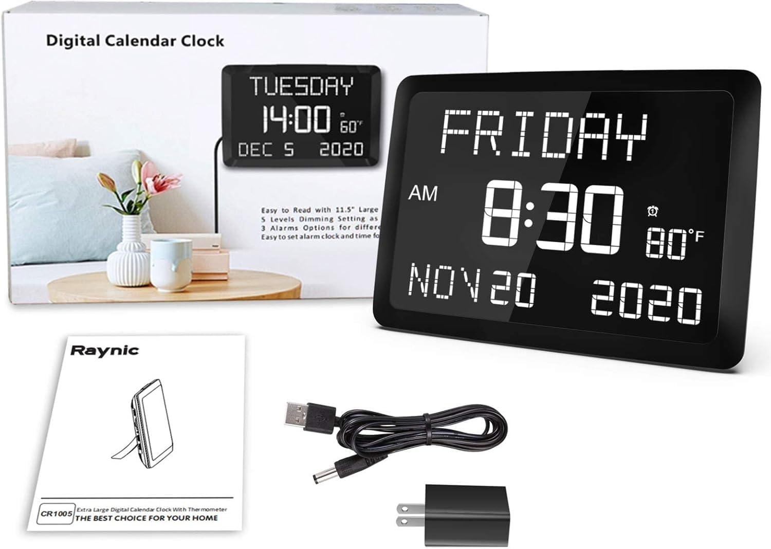 image:imageRaynic Digital Clock 115 Large Display Calendar Clock with Day and Date Indoor Temperature Adjustable Brightness Snooze1224H DST for Home Office ElderlyWhite Font
