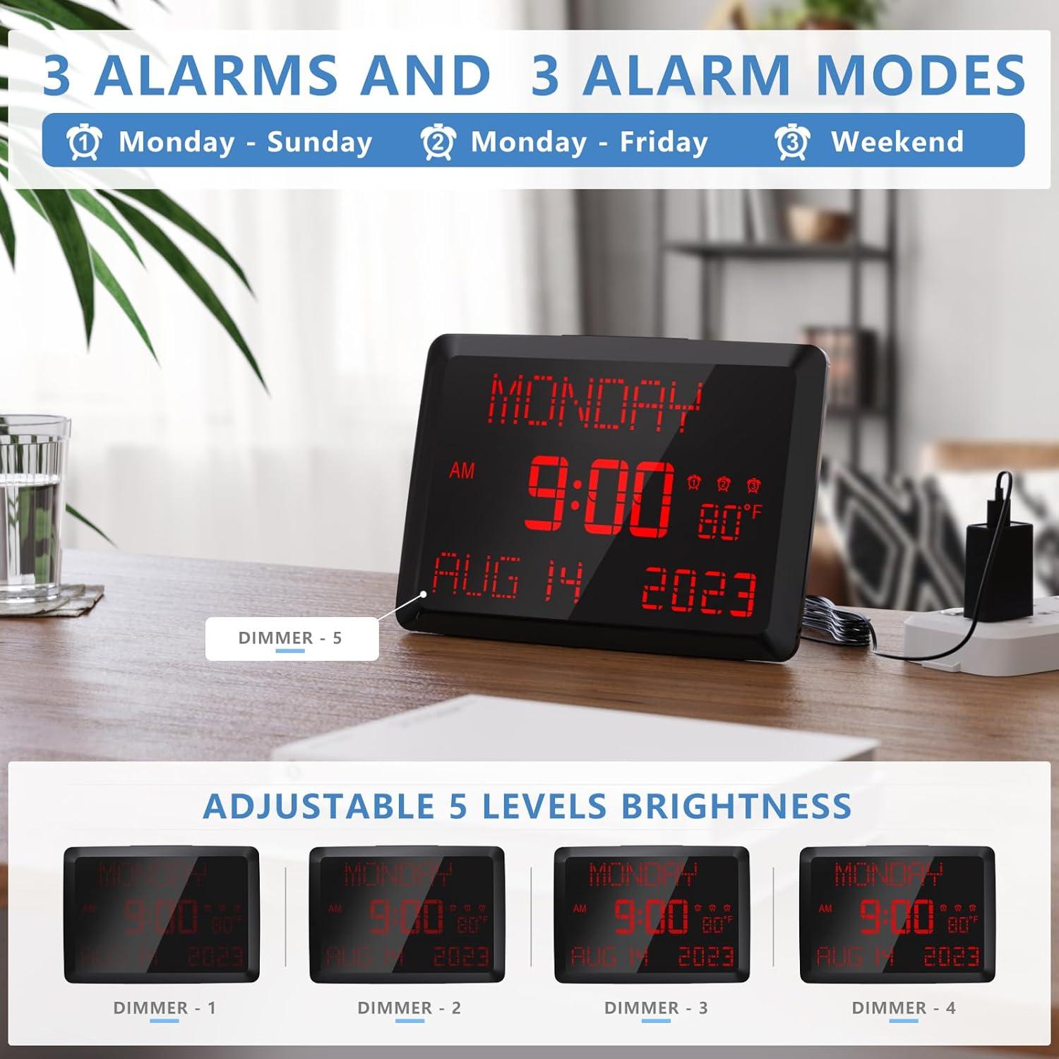 image:imageRaynic Digital Clock 115 Large Display Calendar Clock with Day and Date Indoor Temperature Adjustable Brightness Snooze1224H DST for Home Office ElderlyRed Font