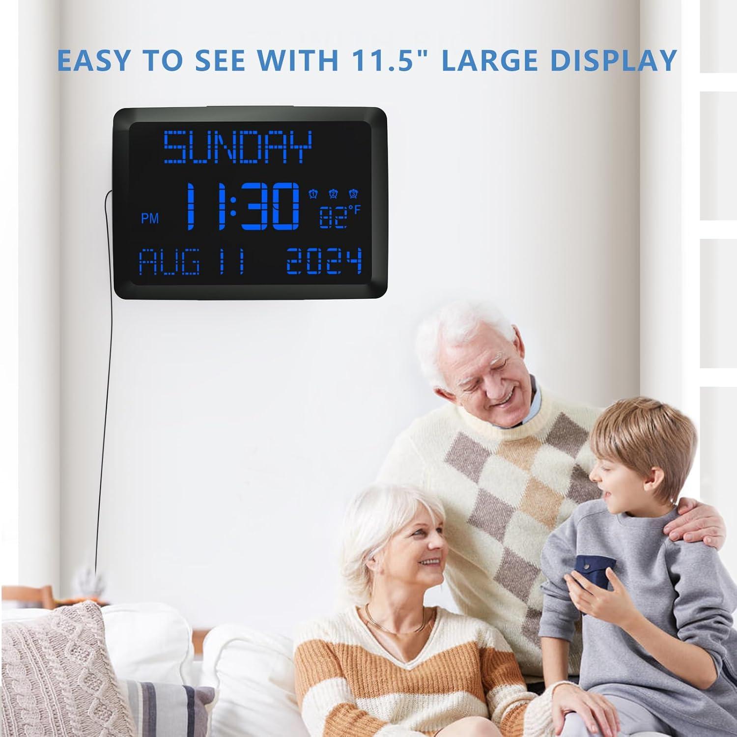 image:imageRaynic Digital Clock 115 Large Display Calendar Clock with Day and Date Indoor Temperature Adjustable Brightness Snooze1224H DST for Home Office ElderlyBlue Font