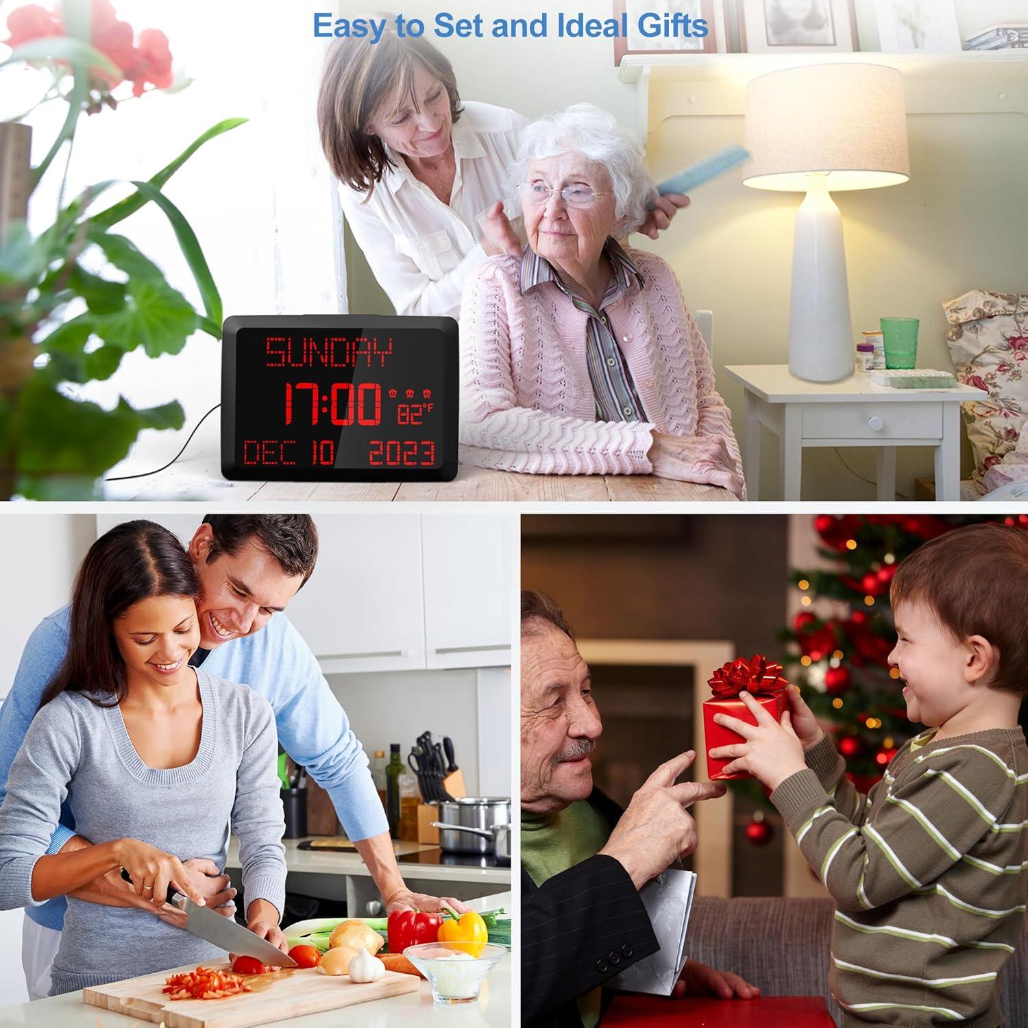 image:imageRaynic Digital Clock 115 Large Display Calendar Clock with Day and Date Indoor Temperature Adjustable Brightness Snooze1224H DST for Home Office ElderlyRed Font