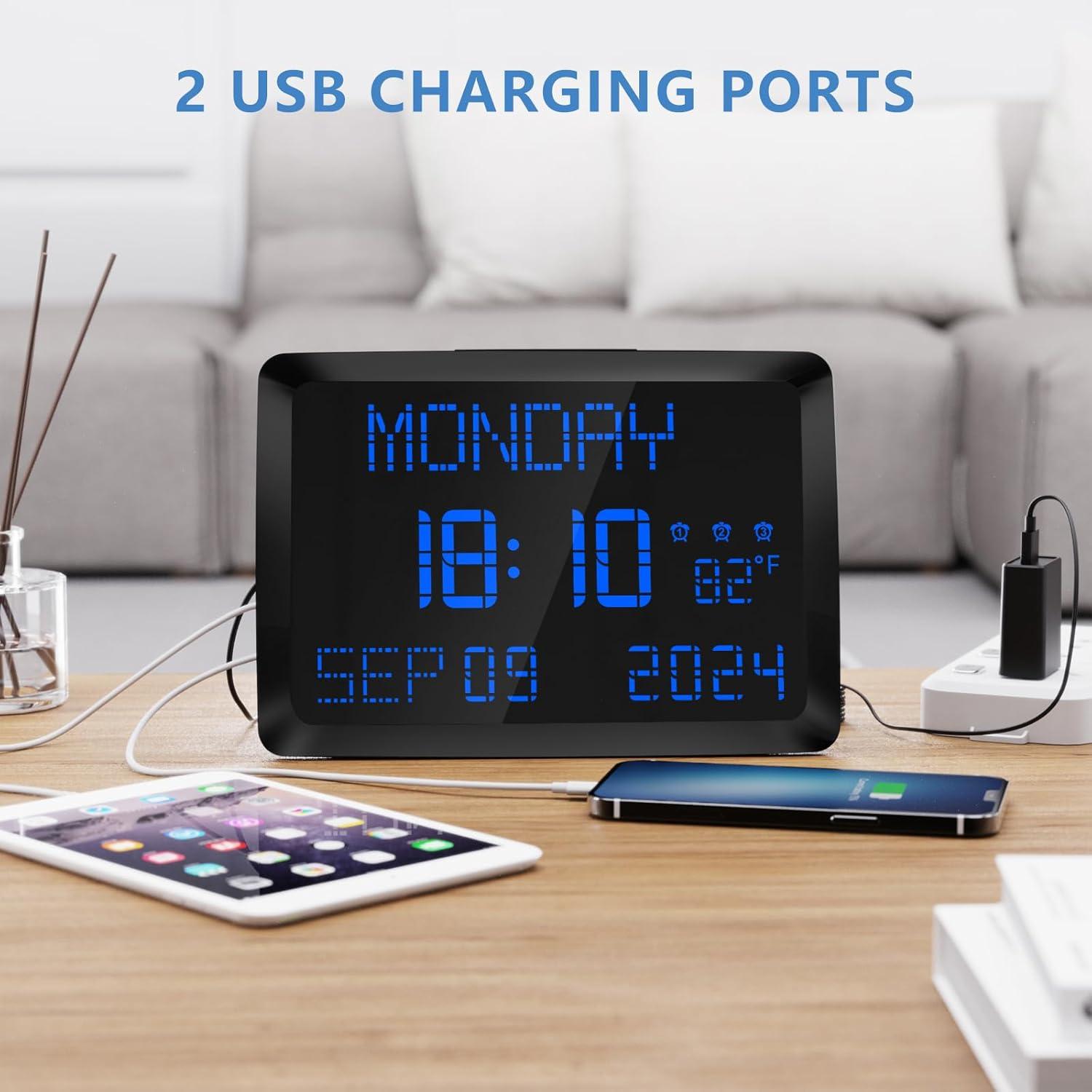 image:imageRaynic Digital Clock 115 Large Display Calendar Clock with Day and Date Indoor Temperature Adjustable Brightness Snooze1224H DST for Home Office ElderlyBlue Font