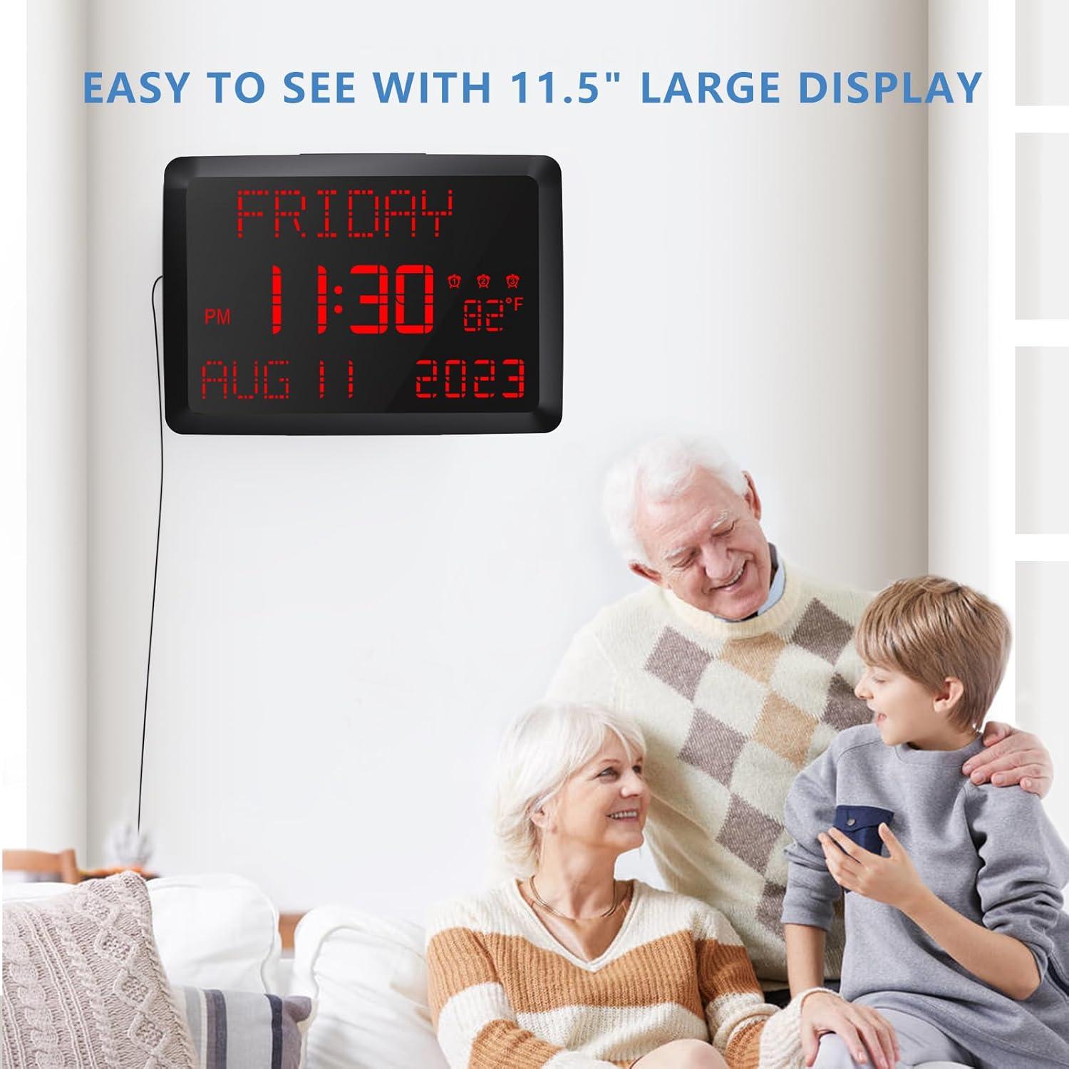 image:imageRaynic Digital Clock 115 Large Display Calendar Clock with Day and Date Indoor Temperature Adjustable Brightness Snooze1224H DST for Home Office ElderlyRed Font