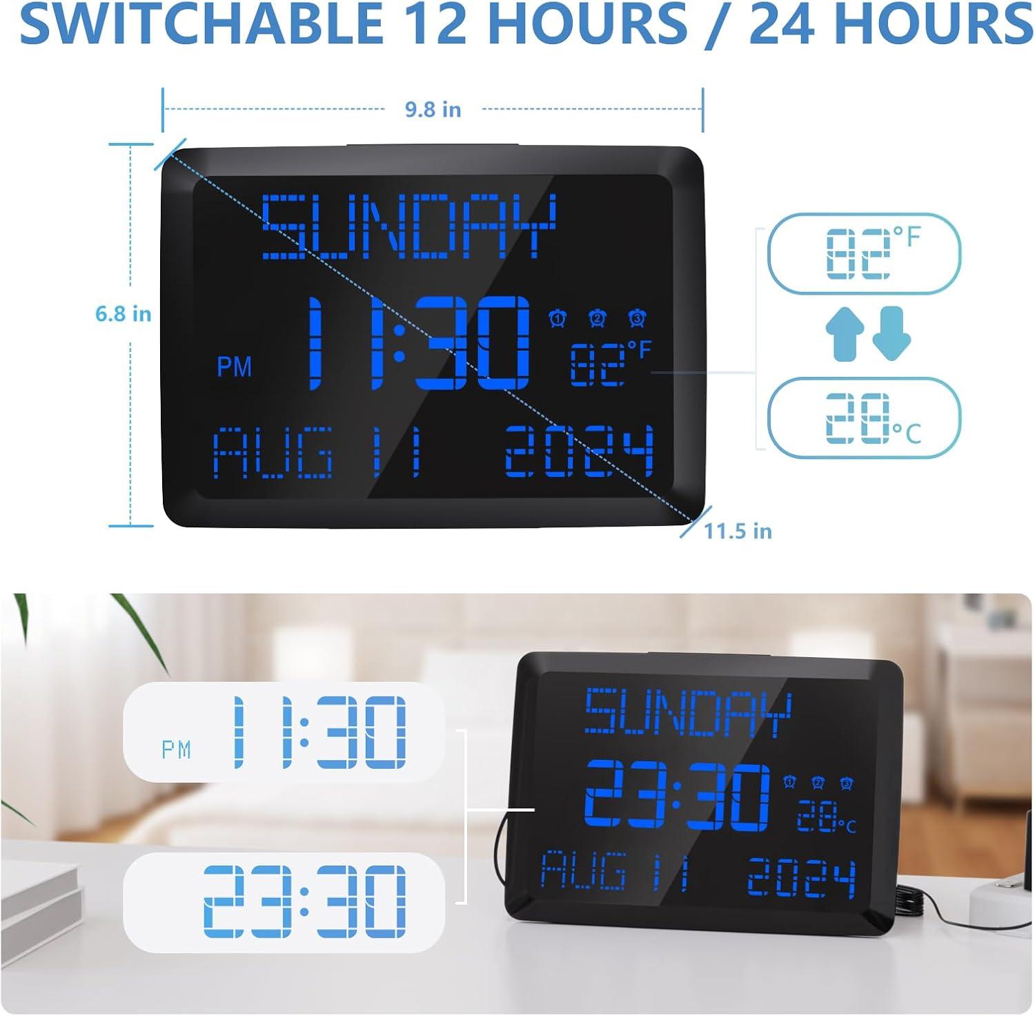 image:imageRaynic Digital Clock 115 Large Display Calendar Clock with Day and Date Indoor Temperature Adjustable Brightness Snooze1224H DST for Home Office ElderlyBlue Font