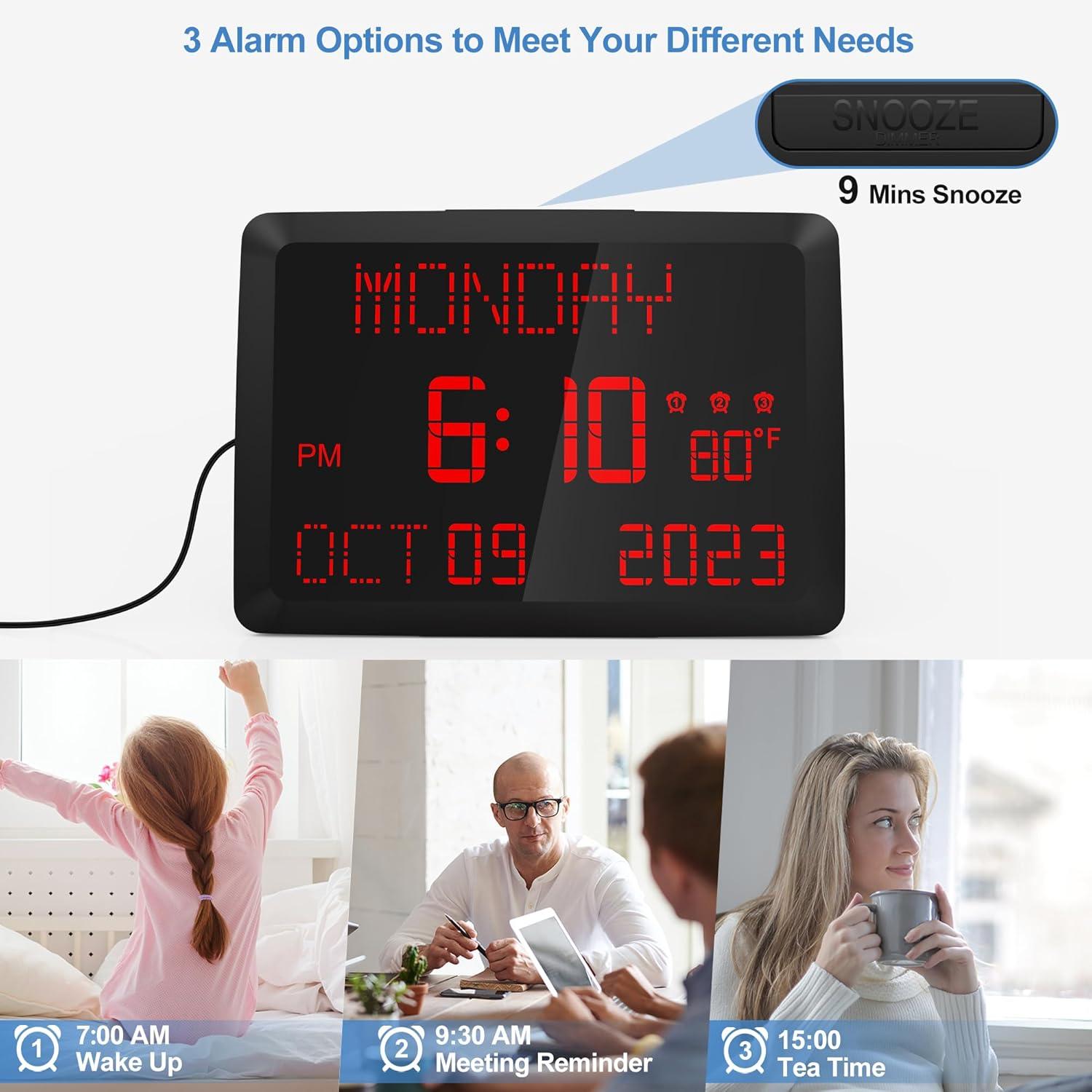 image:imageRaynic Digital Clock 115 Large Display Calendar Clock with Day and Date Indoor Temperature Adjustable Brightness Snooze1224H DST for Home Office ElderlyRed Font