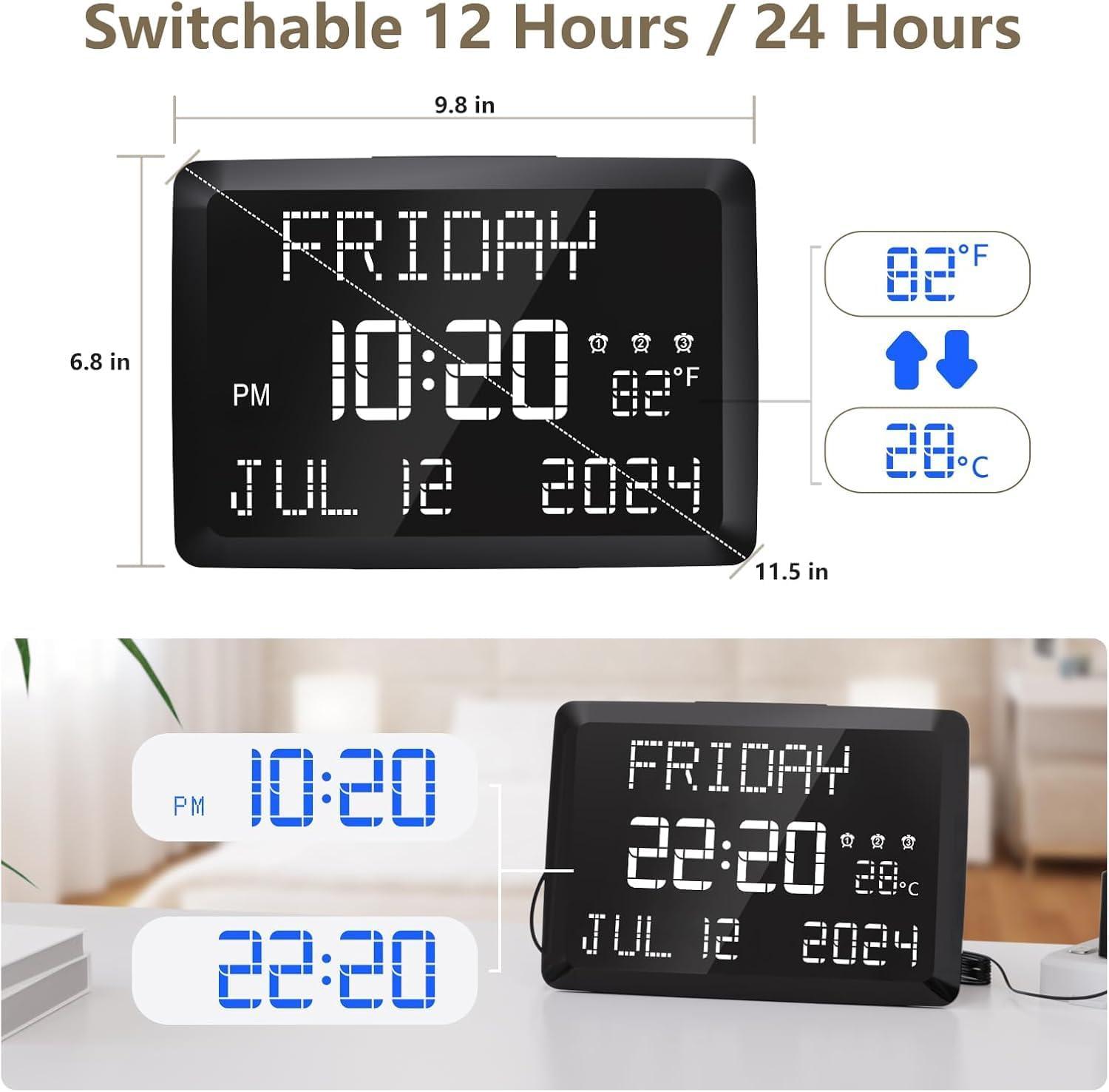 image:imageRaynic Digital Clock 115 Large Display Calendar Clock with Day and Date Indoor Temperature Adjustable Brightness Snooze1224H DST for Home Office ElderlyWhite Font