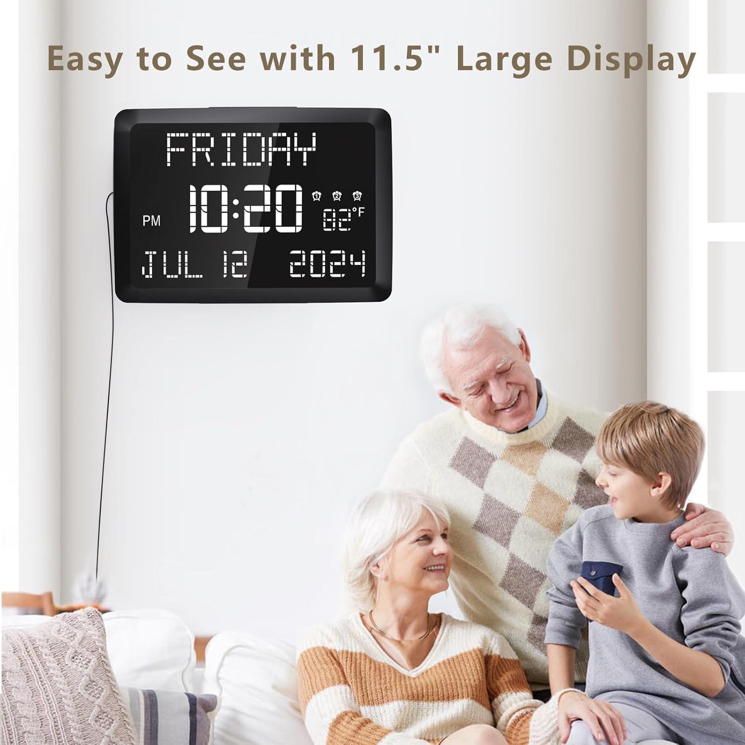 image:imageRaynic Digital Clock 115 Large Display Calendar Clock with Day and Date Indoor Temperature Adjustable Brightness Snooze1224H DST for Home Office ElderlyWhite Font
