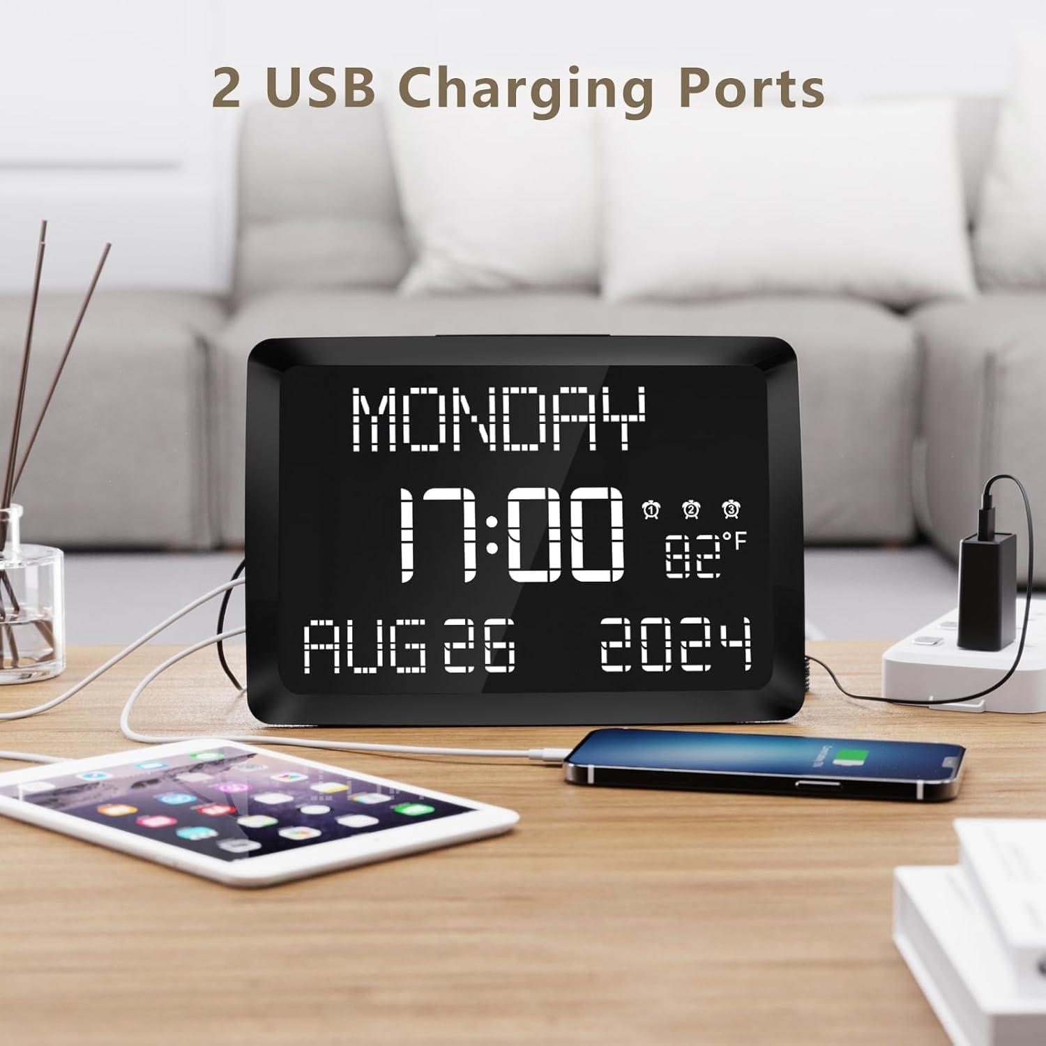 image:imageRaynic Digital Clock 115 Large Display Calendar Clock with Day and Date Indoor Temperature Adjustable Brightness Snooze1224H DST for Home Office ElderlyWhite Font