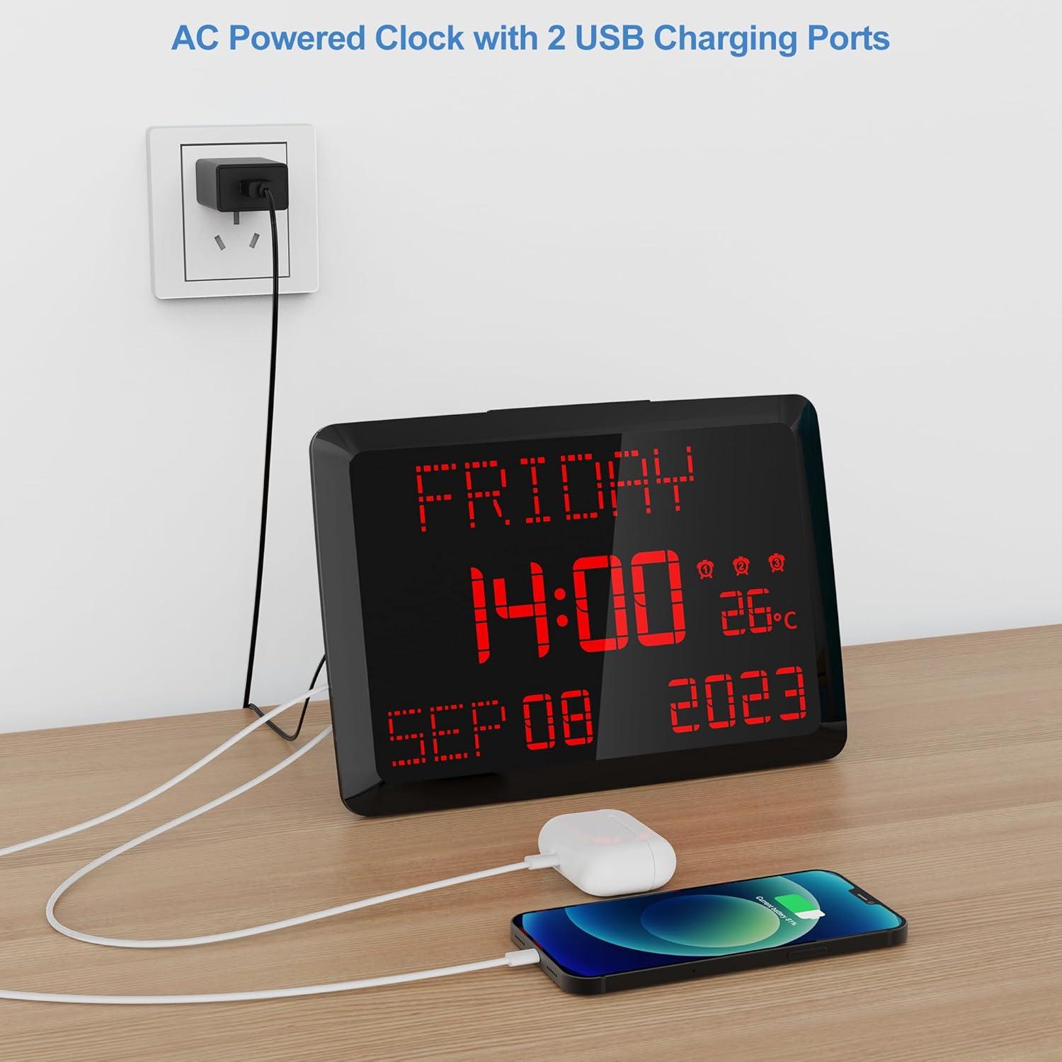 image:imageRaynic Digital Clock 115 Large Display Calendar Clock with Day and Date Indoor Temperature Adjustable Brightness Snooze1224H DST for Home Office ElderlyRed Font