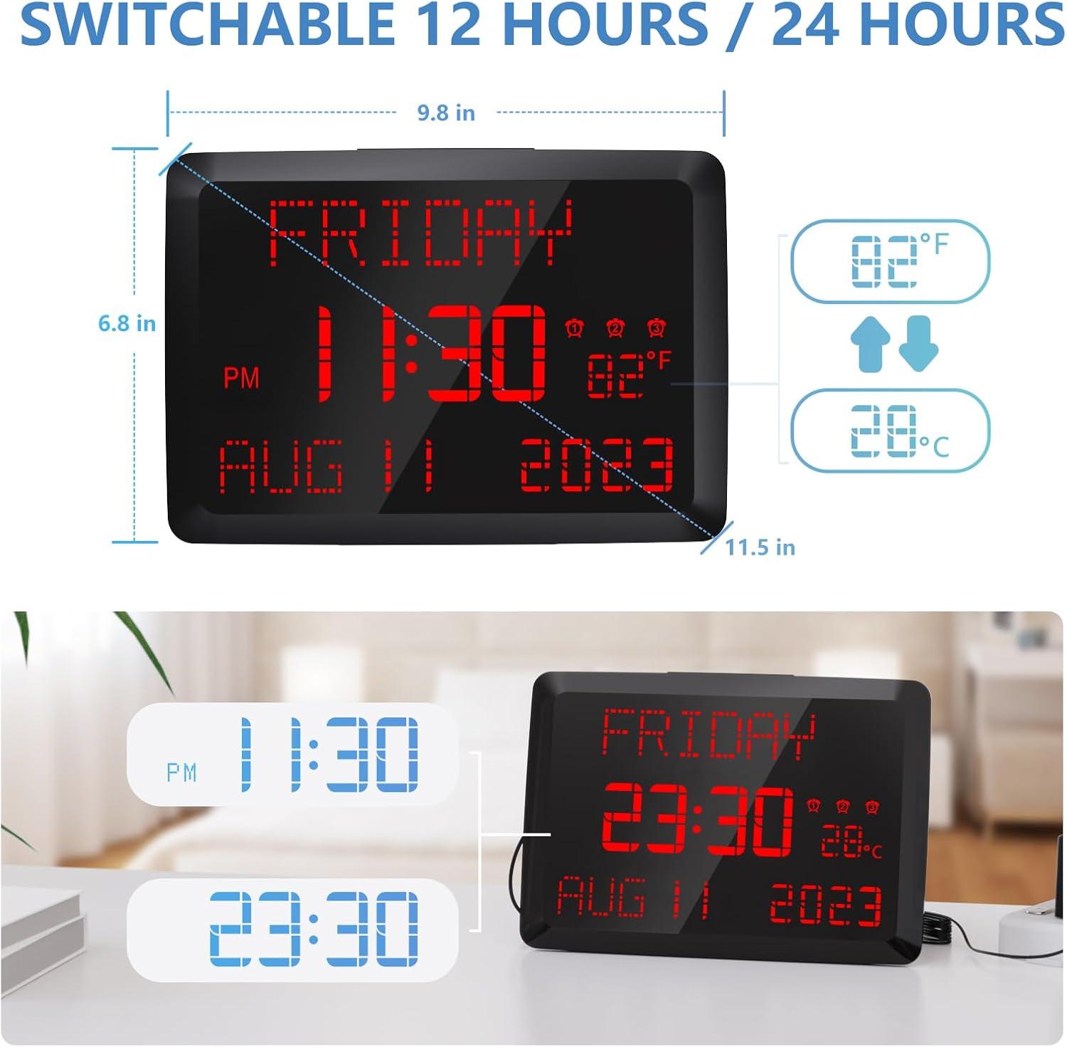 image:imageRaynic Digital Clock 115 Large Display Calendar Clock with Day and Date Indoor Temperature Adjustable Brightness Snooze1224H DST for Home Office ElderlyRed Font