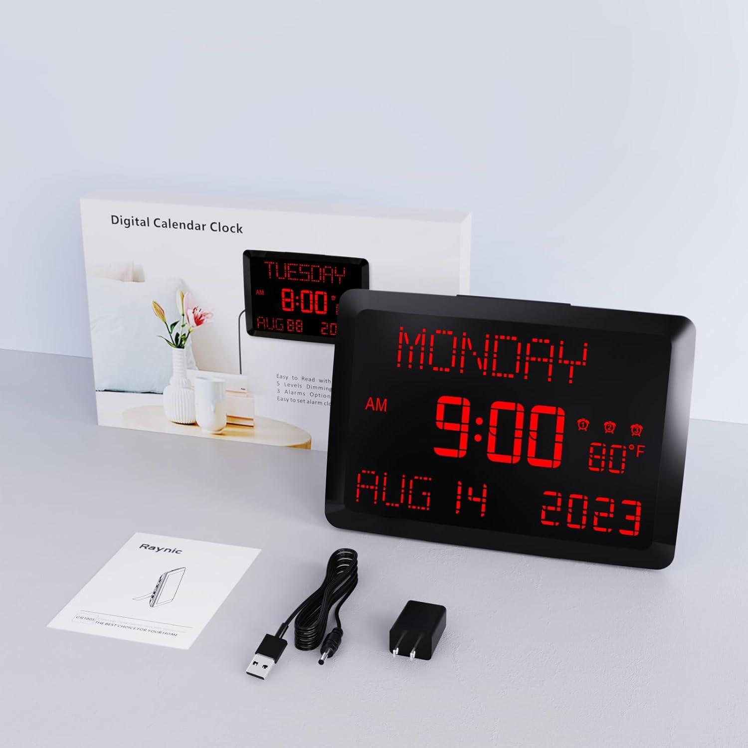 image:imageRaynic Digital Clock 115 Large Display Calendar Clock with Day and Date Indoor Temperature Adjustable Brightness Snooze1224H DST for Home Office ElderlyRed Font
