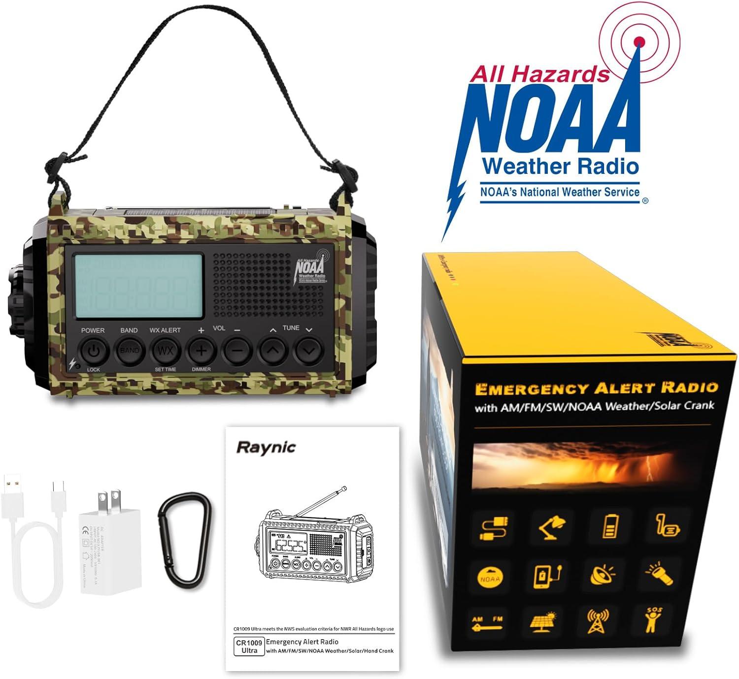 image:imageRaynic Weather Radio 5000mAh18500mWh NOAA Weather Radio Solar Hand Crank Emergency Radio with AMFMSWNOAA Weather Alert Flashlight Reading Lamp Cell Phone Charger and SOS SirenCamoGreenLCD Display