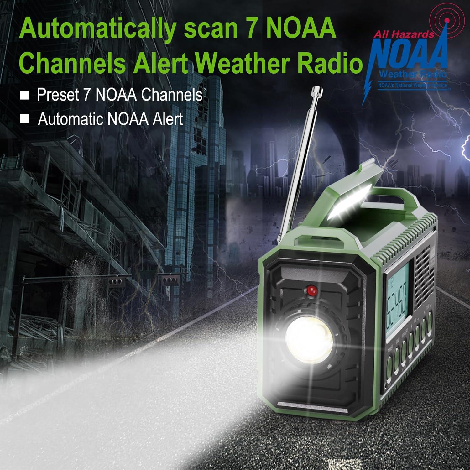 image:imageRaynic Weather Radio 5000mAh18500mWh NOAA Weather Radio Solar Hand Crank Emergency Radio with AMFMSWNOAA Weather Alert Flashlight Reading Lamp Cell Phone Charger and SOS SirenOliveGreenLCD Display