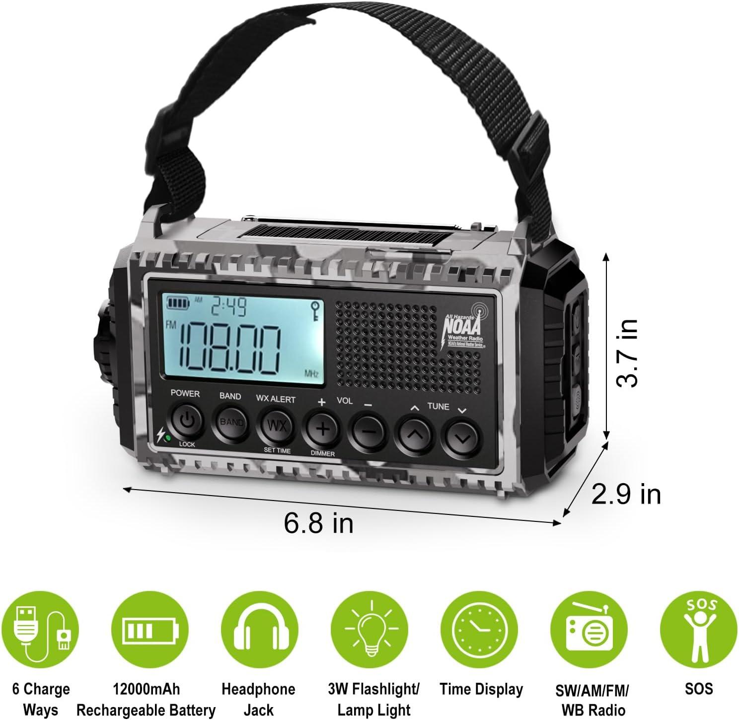 image:imageRaynic Weather Radio 5000mAh18500mWh NOAA Weather Radio Solar Hand Crank Emergency Radio with AMFMSWNOAA Weather Alert Flashlight Reading Lamp Cell Phone Charger and SOS SirenCamoGrayLCD Display