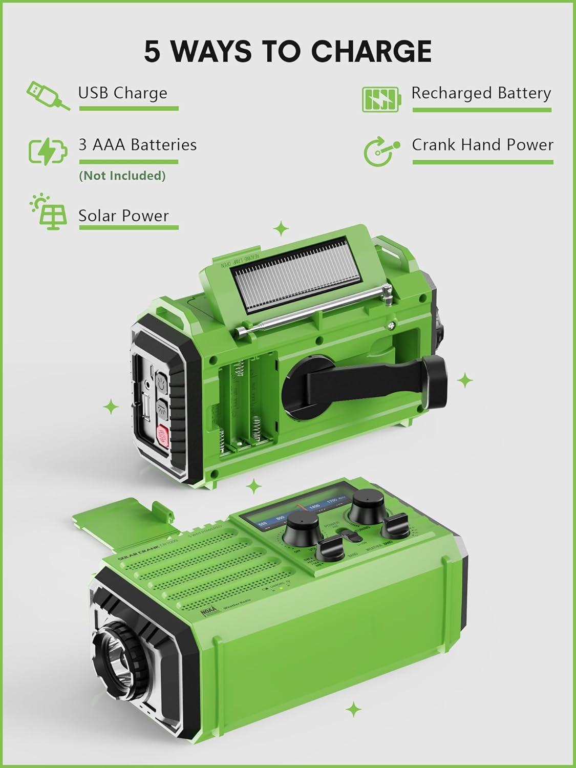 image:imageRaynic Weather Radio 5000mAh18500mWh NOAA Weather Radio Solar Hand Crank Emergency Radio with AMFMSWNOAA Weather Alert Flashlight Reading Lamp Cell Phone Charger and SOS SirenGreen