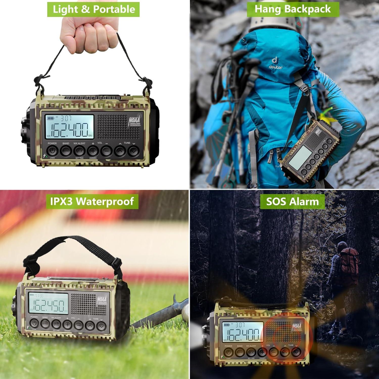 image:imageRaynic Weather Radio 5000mAh18500mWh NOAA Weather Radio Solar Hand Crank Emergency Radio with AMFMSWNOAA Weather Alert Flashlight Reading Lamp Cell Phone Charger and SOS SirenCamoGreenLCD Display