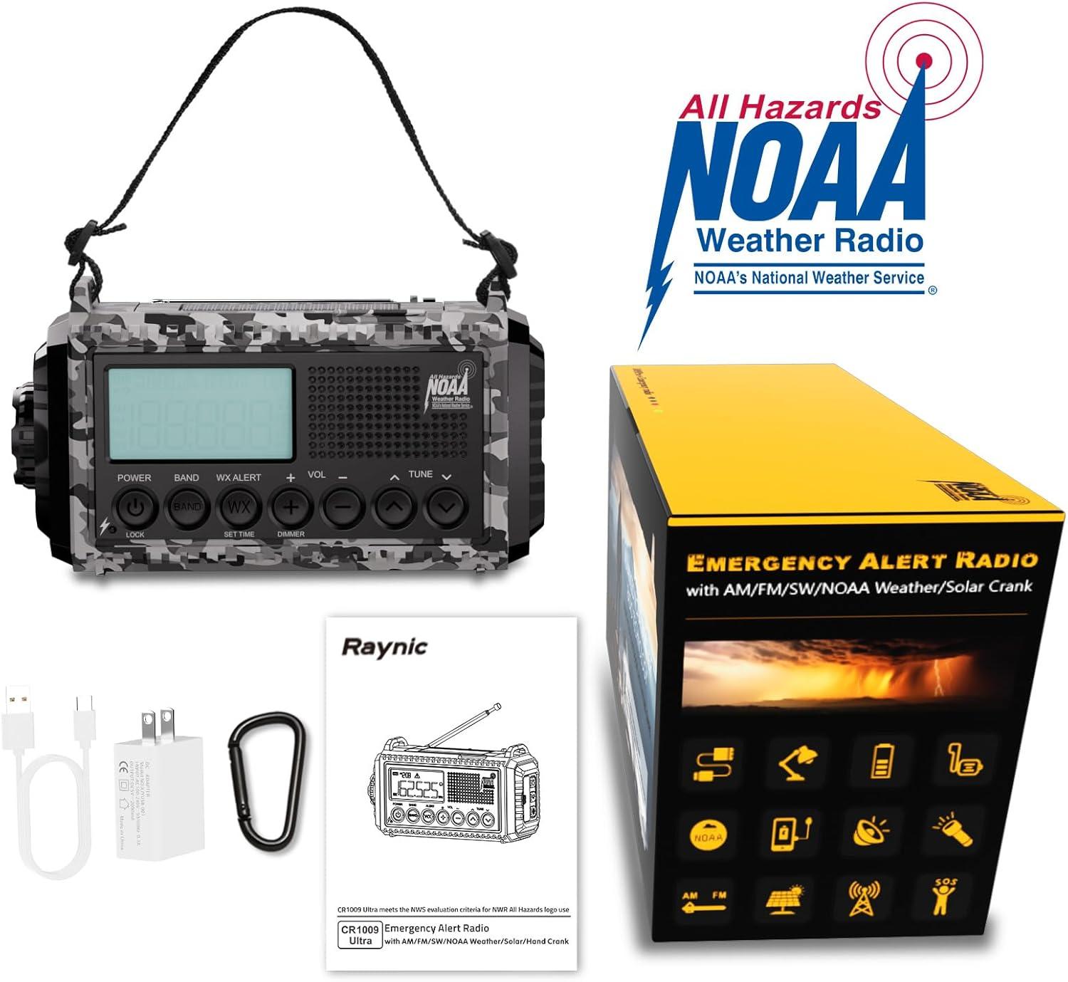 image:imageRaynic Weather Radio 5000mAh18500mWh NOAA Weather Radio Solar Hand Crank Emergency Radio with AMFMSWNOAA Weather Alert Flashlight Reading Lamp Cell Phone Charger and SOS SirenCamoGrayLCD Display