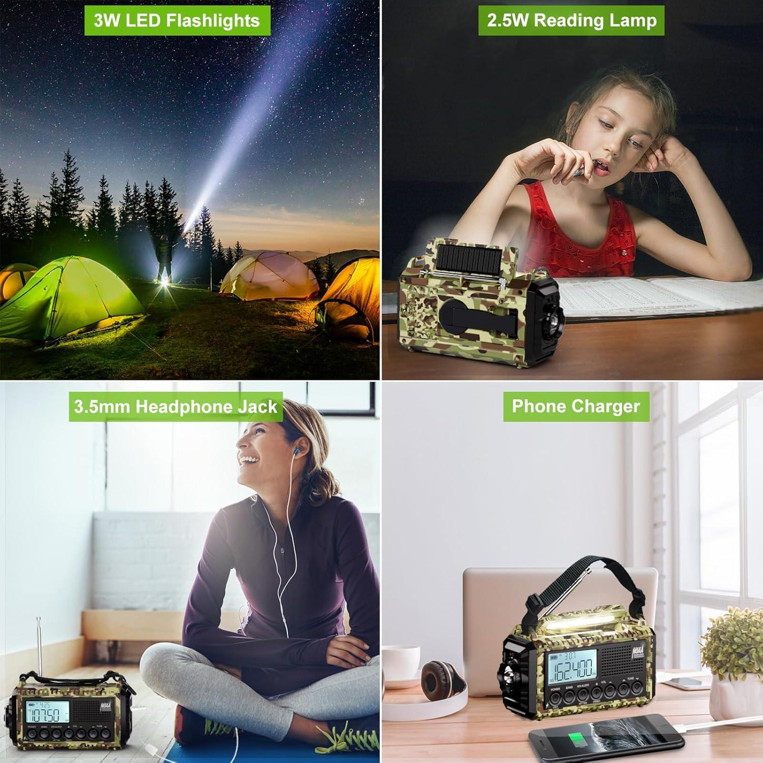 image:imageRaynic Weather Radio 5000mAh18500mWh NOAA Weather Radio Solar Hand Crank Emergency Radio with AMFMSWNOAA Weather Alert Flashlight Reading Lamp Cell Phone Charger and SOS SirenCamoGreenLCD Display