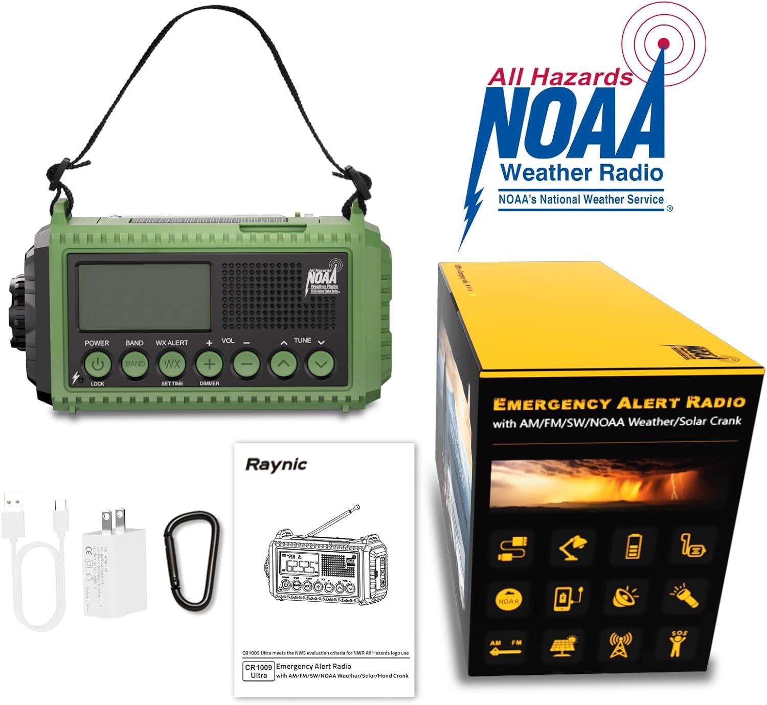 image:imageRaynic Weather Radio 5000mAh18500mWh NOAA Weather Radio Solar Hand Crank Emergency Radio with AMFMSWNOAA Weather Alert Flashlight Reading Lamp Cell Phone Charger and SOS SirenOliveGreenLCD Display