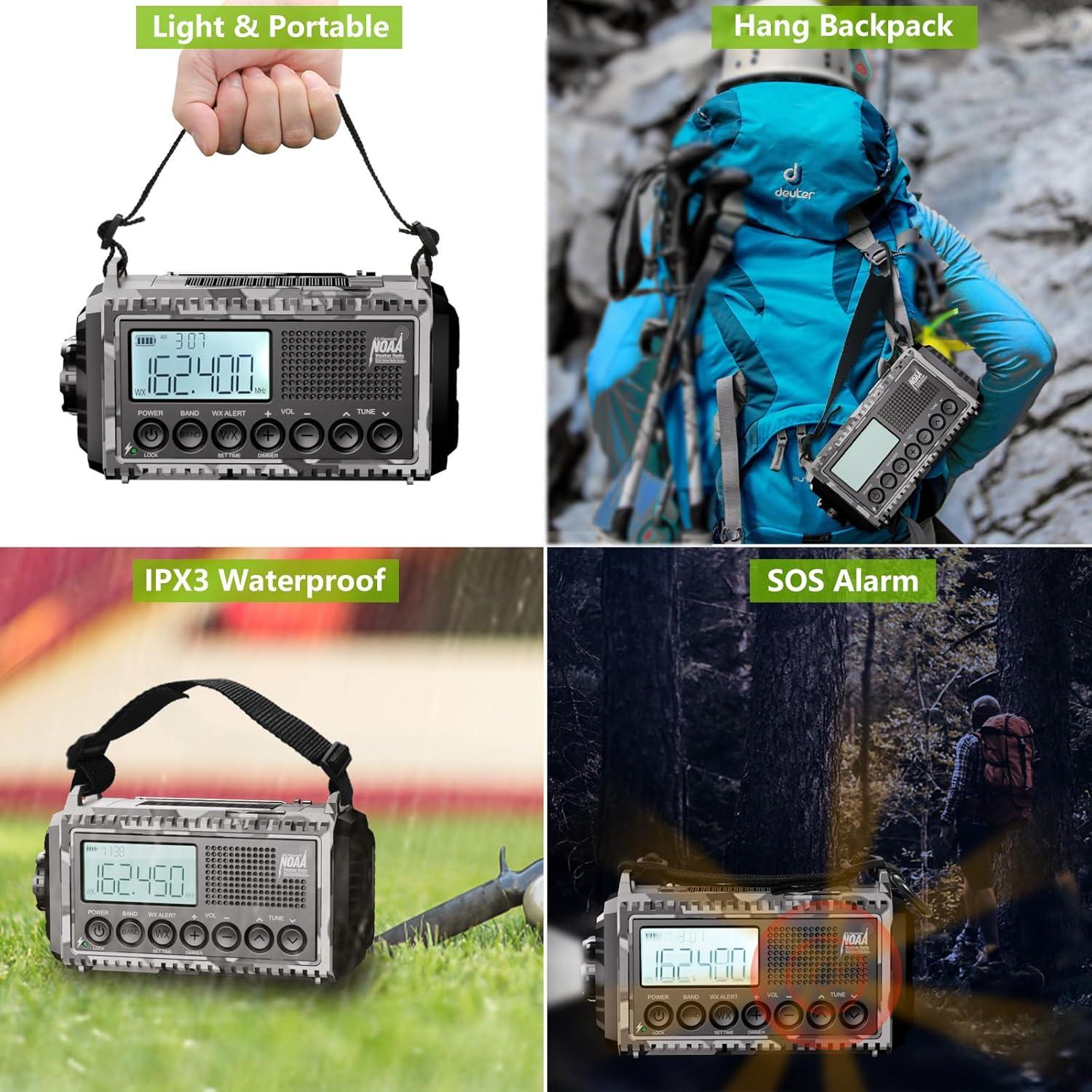 image:imageRaynic Weather Radio 5000mAh18500mWh NOAA Weather Radio Solar Hand Crank Emergency Radio with AMFMSWNOAA Weather Alert Flashlight Reading Lamp Cell Phone Charger and SOS SirenCamoGrayLCD Display