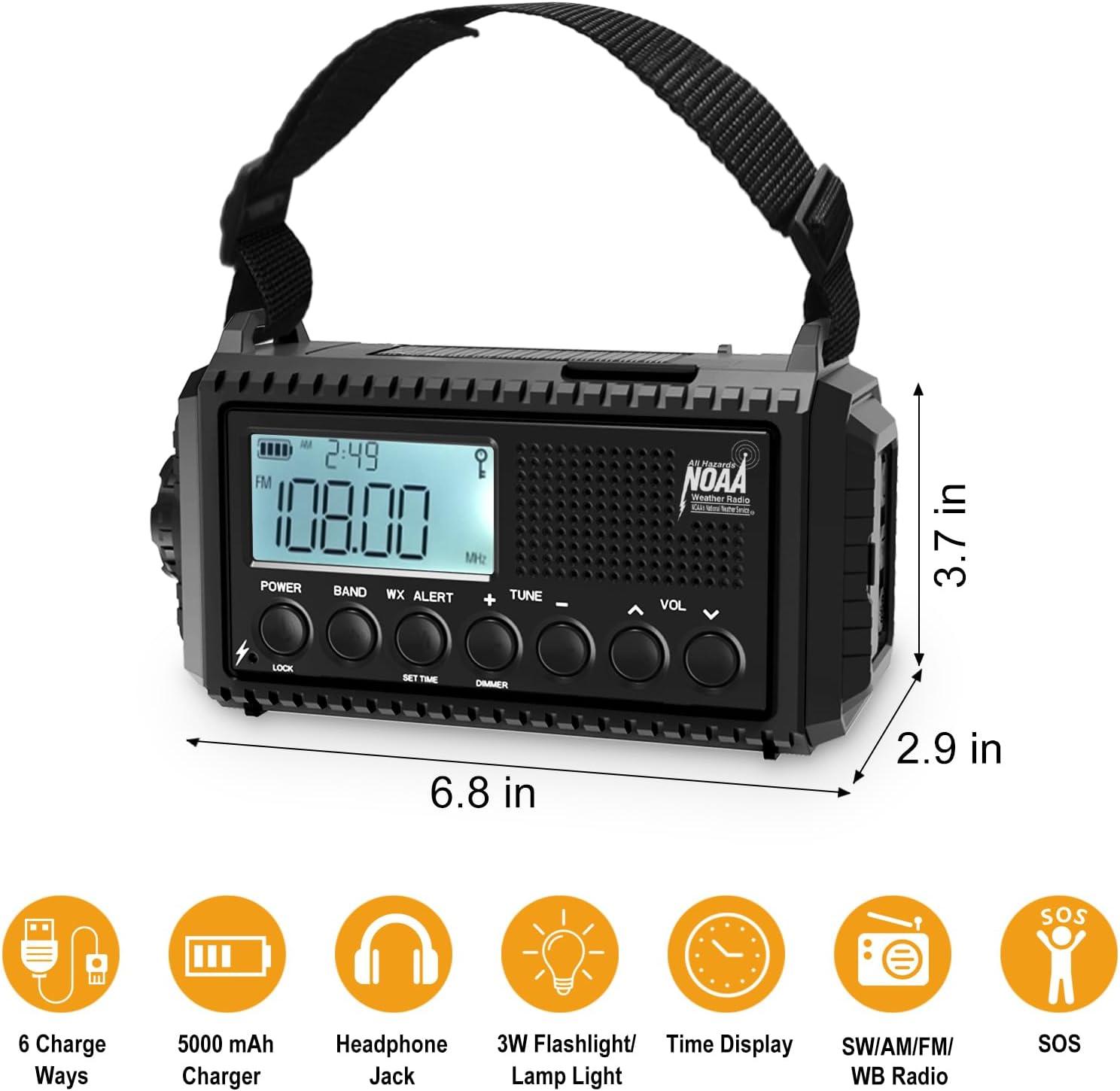 image:imageRaynic Weather Radio 5000mAh18500mWh NOAA Weather Radio Solar Hand Crank Emergency Radio with AMFMSWNOAA Weather Alert Flashlight Reading Lamp Cell Phone Charger and SOS SirenBlackLCD Display