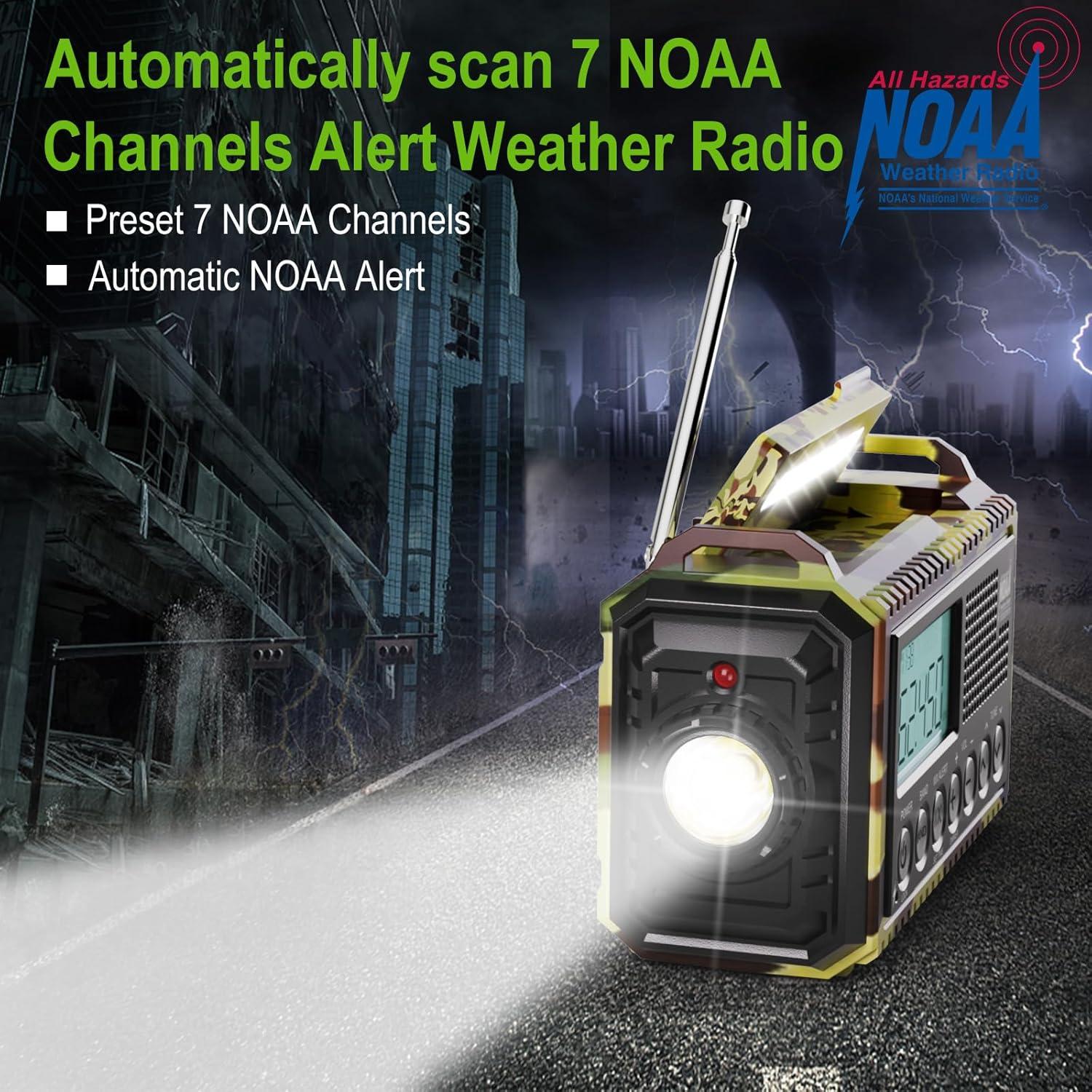 image:imageRaynic Weather Radio 5000mAh18500mWh NOAA Weather Radio Solar Hand Crank Emergency Radio with AMFMSWNOAA Weather Alert Flashlight Reading Lamp Cell Phone Charger and SOS SirenCamoGreenLCD Display