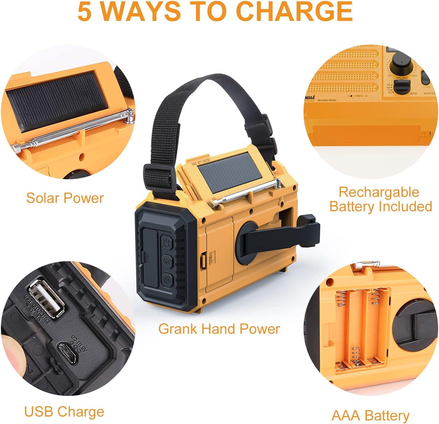image:imageRaynic Weather Radio 5000mAh18500mWh NOAA Weather Radio Solar Hand Crank Emergency Radio with AMFMSWNOAA Weather Alert Flashlight Reading Lamp Cell Phone Charger and SOS SirenYellow