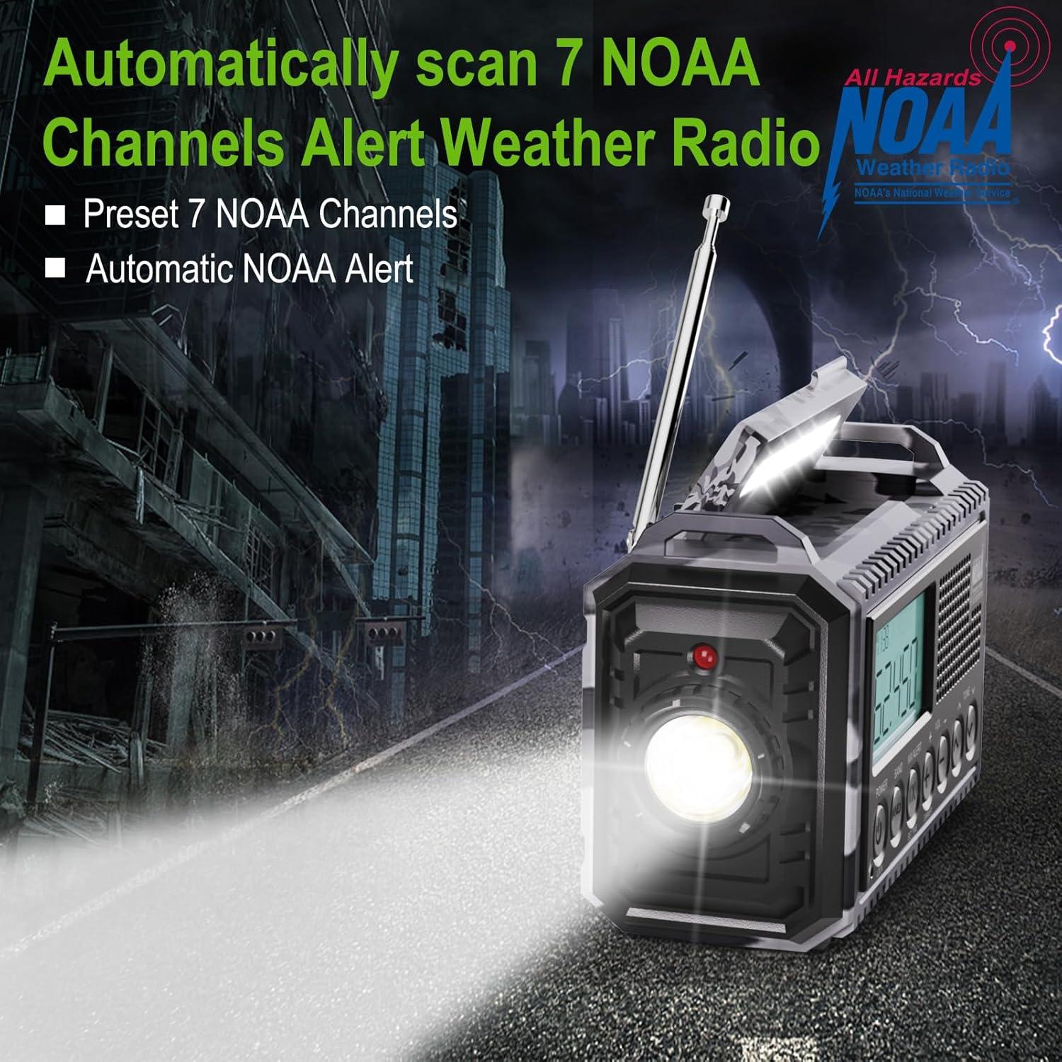 image:imageRaynic Weather Radio 5000mAh18500mWh NOAA Weather Radio Solar Hand Crank Emergency Radio with AMFMSWNOAA Weather Alert Flashlight Reading Lamp Cell Phone Charger and SOS SirenCamoGrayLCD Display
