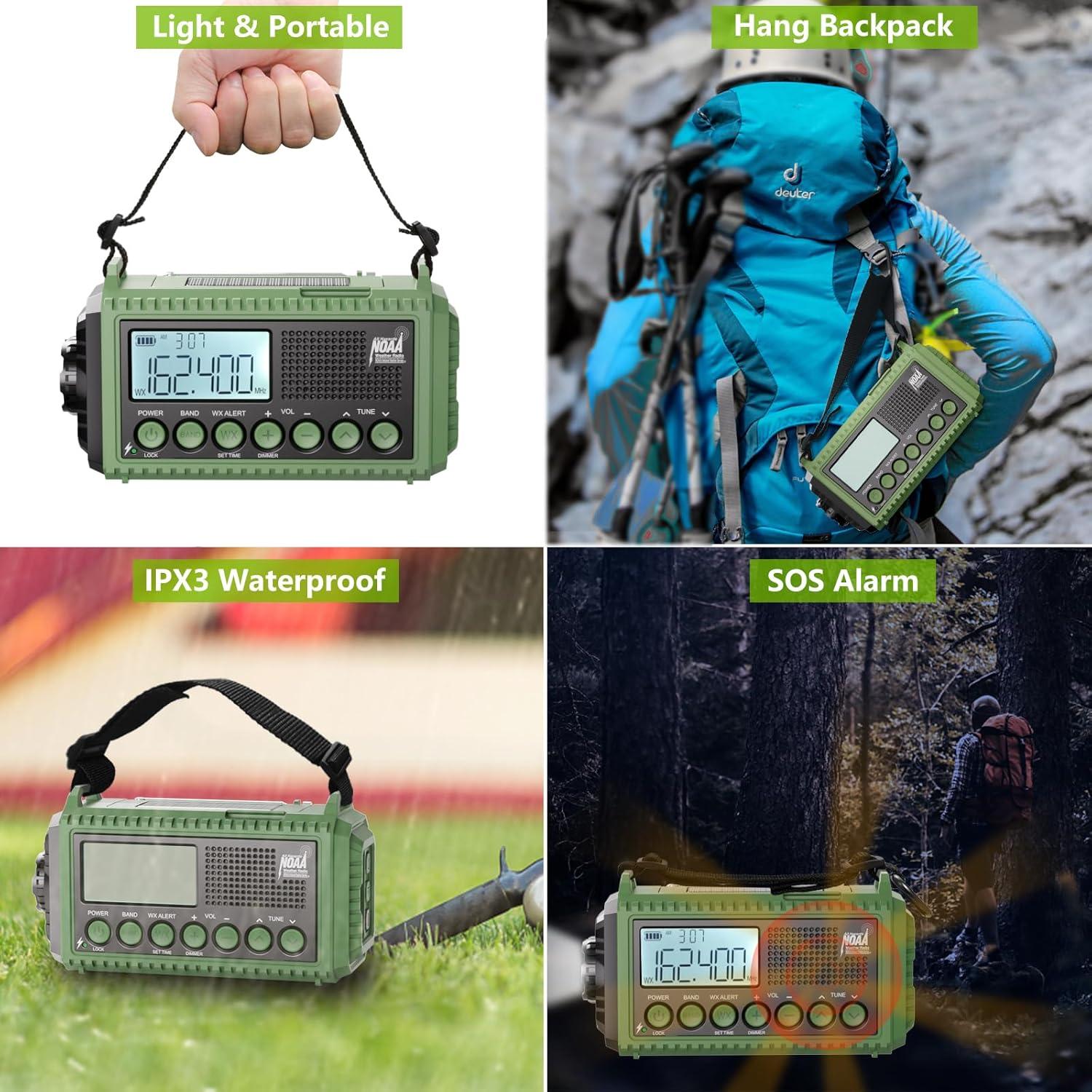 image:imageRaynic Weather Radio 5000mAh18500mWh NOAA Weather Radio Solar Hand Crank Emergency Radio with AMFMSWNOAA Weather Alert Flashlight Reading Lamp Cell Phone Charger and SOS SirenOliveGreenLCD Display