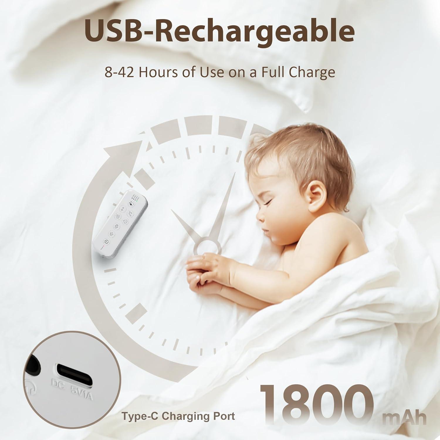 image:imageRaynic White Noise Machine 42 Soothing Sounds Noise Machine Rechargeable Battery Sound Machine with 8 Volumes 5 Timers TypeC Port Headphone Jack for Baby Adult Home Travel OfficeWhite