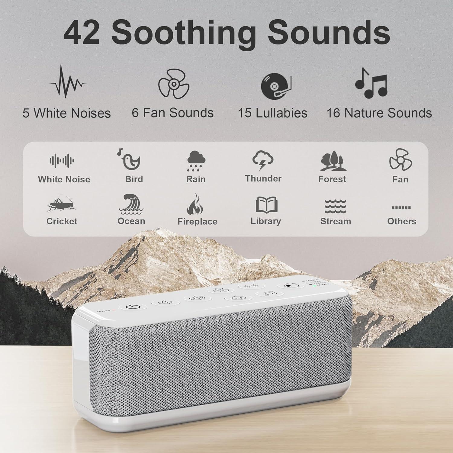 image:imageRaynic White Noise Machine 42 Soothing Sounds Noise Machine Rechargeable Battery Sound Machine with 8 Volumes 5 Timers TypeC Port Headphone Jack for Baby Adult Home Travel OfficeWhite