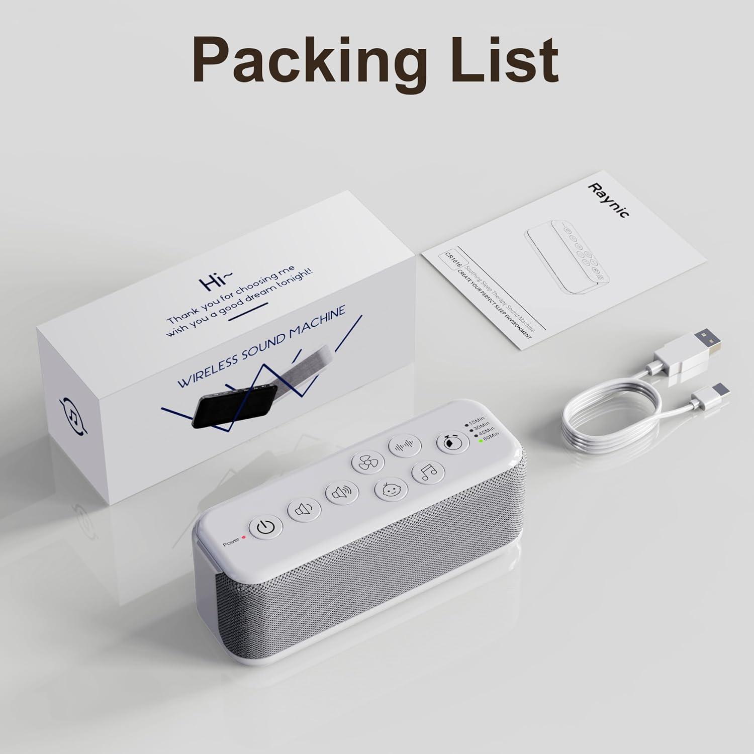 image:imageRaynic White Noise Machine 42 Soothing Sounds Noise Machine Rechargeable Battery Sound Machine with 8 Volumes 5 Timers TypeC Port Headphone Jack for Baby Adult Home Travel OfficeWhite