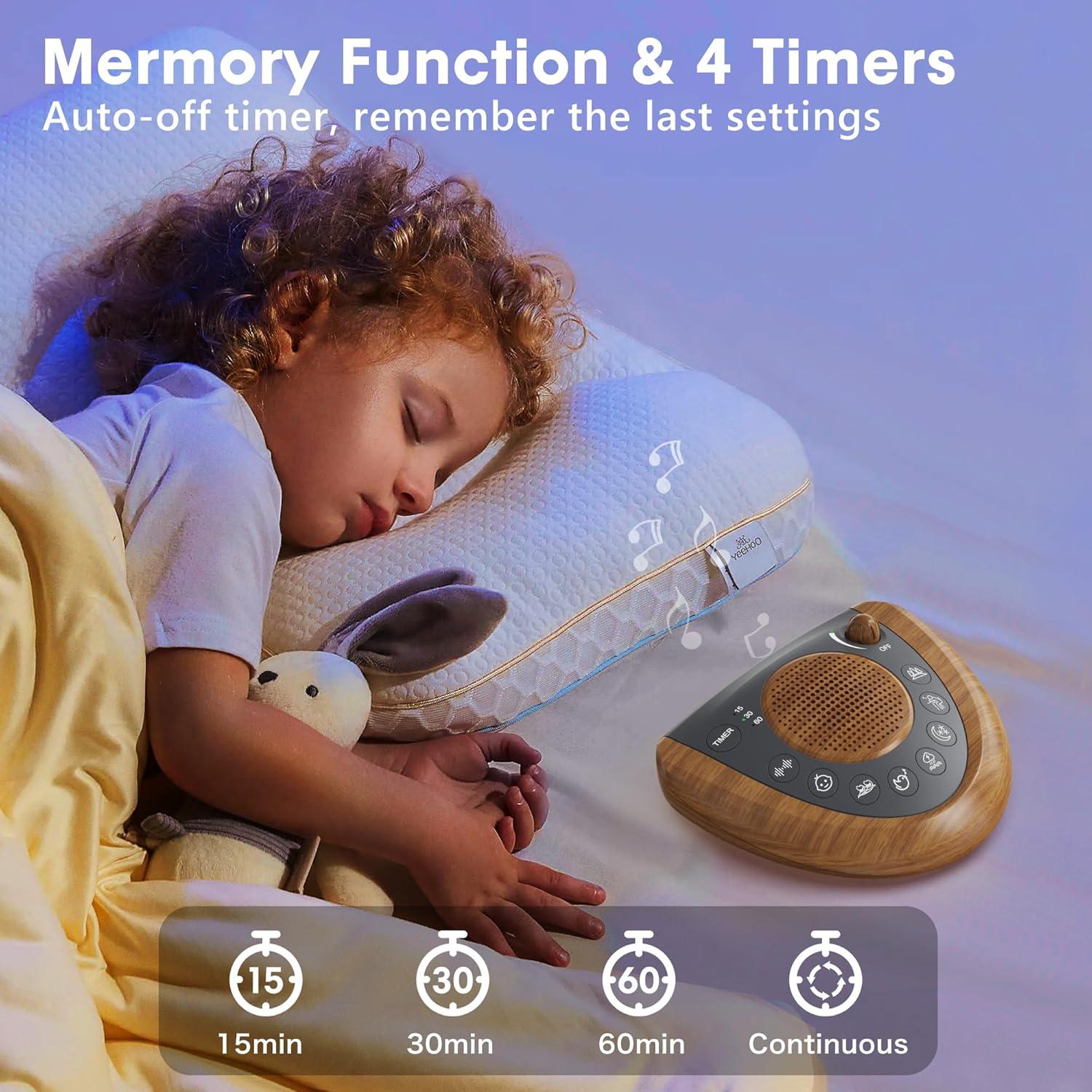 image:imageRaynic White Noise Machine Battery Powered Sound Machine Portable Sleep Machine with 24 Natural Soothing Sounds Timer USB Port Headphone Jack for Baby Kids Adults Travel Office Home SilverYellow Wood Grain