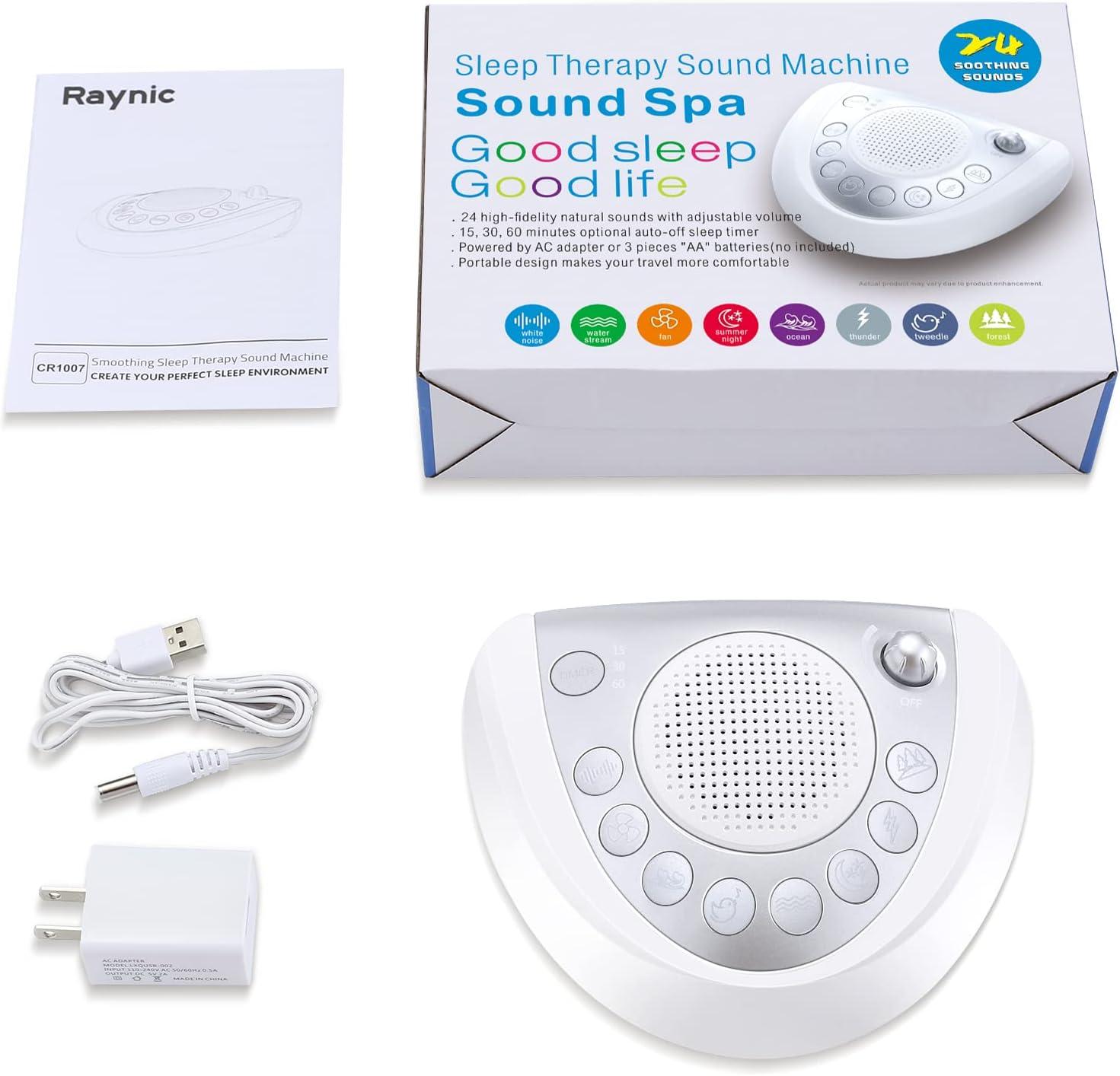 image:imageRaynic White Noise Machine Battery Powered Sound Machine Portable Sleep Machine with 24 Natural Soothing Sounds Timer USB Port Headphone Jack for Baby Kids Adults Travel Office Home SilverSilver